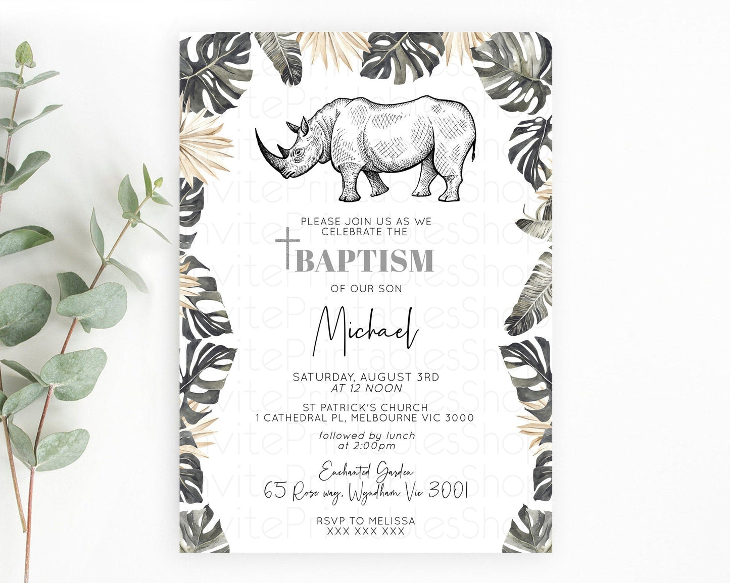 Rhino Baptism Invitation Rhino Baptism 1st Birthday Invitation Rhino Safari Adventure Christening Invitation Palm Leaf Invite Zoo D10826