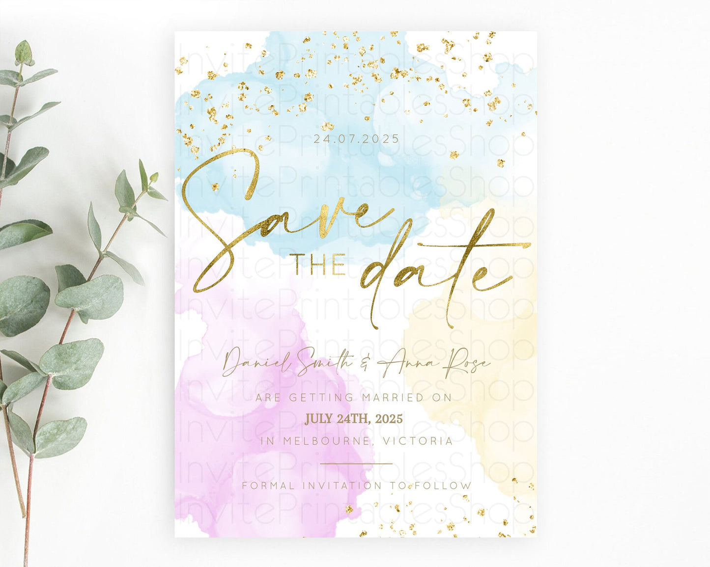 Pastel Save The Date Template Pastel Ombre Rainbow Watercolor Colorful Party For Birthday Baptism Baby Shower Wedding Bridal Shower D10204