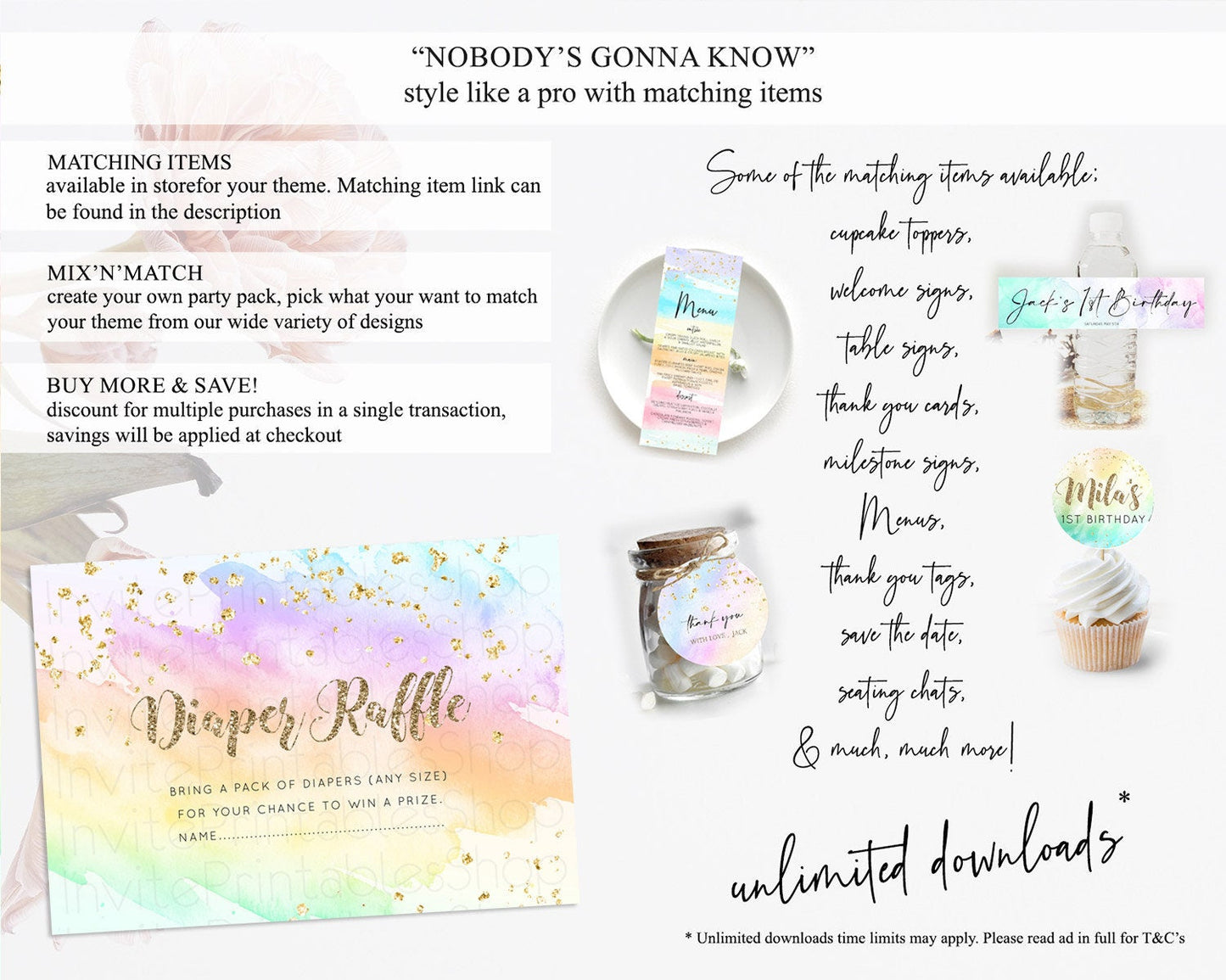Pastel Diaper Raffle Card Pastel Rainbow Diaper Raffle Insert Colorful Ombre Watercolor Diaper Ticket Confetti Glitter Raffle Game D10643