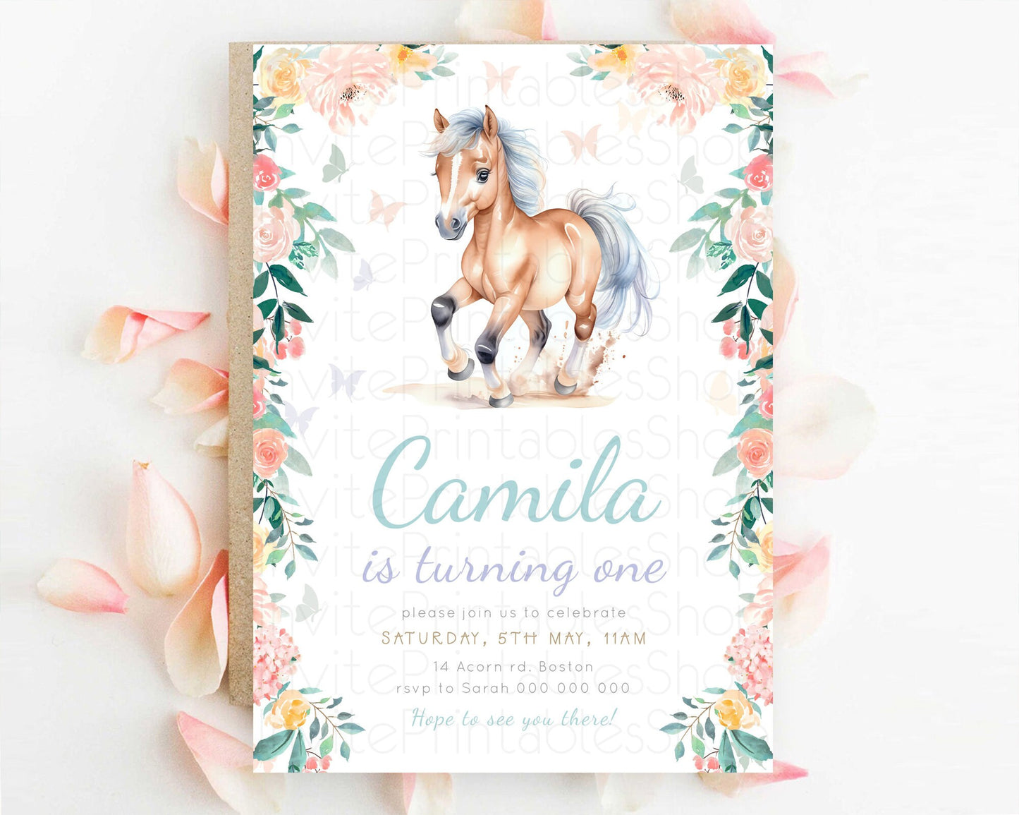 Editable Editable Horse Birthday Invitation Girl Saddle Up Watercolor Cowgir