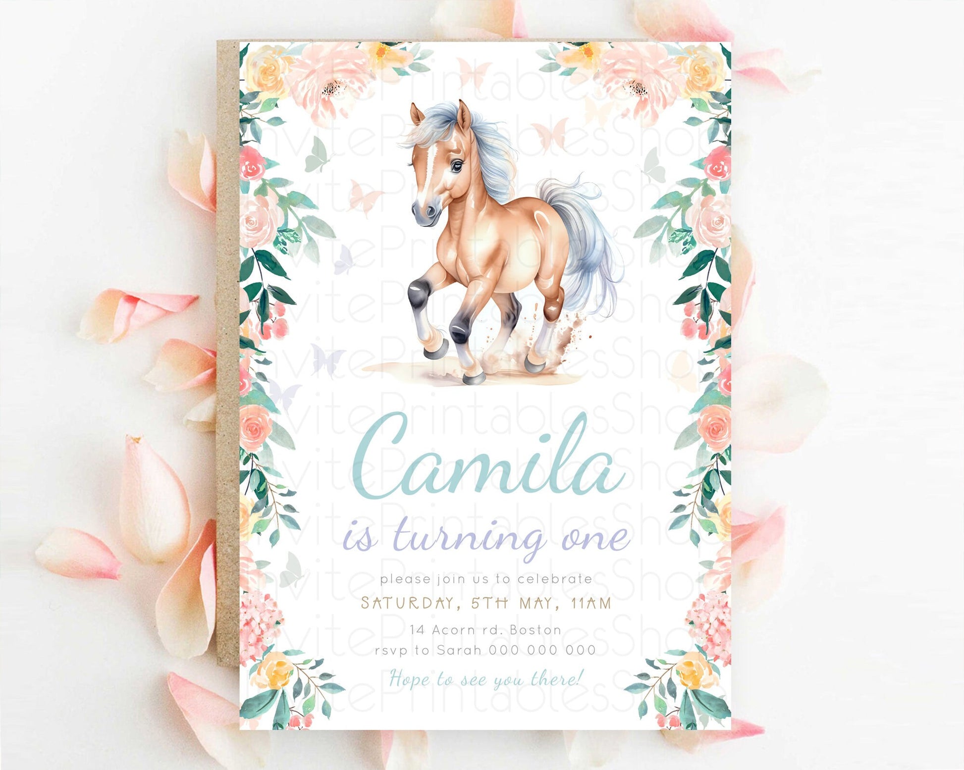 Editable Editable Horse Birthday Invitation Girl Saddle Up Watercolor Cowgir
