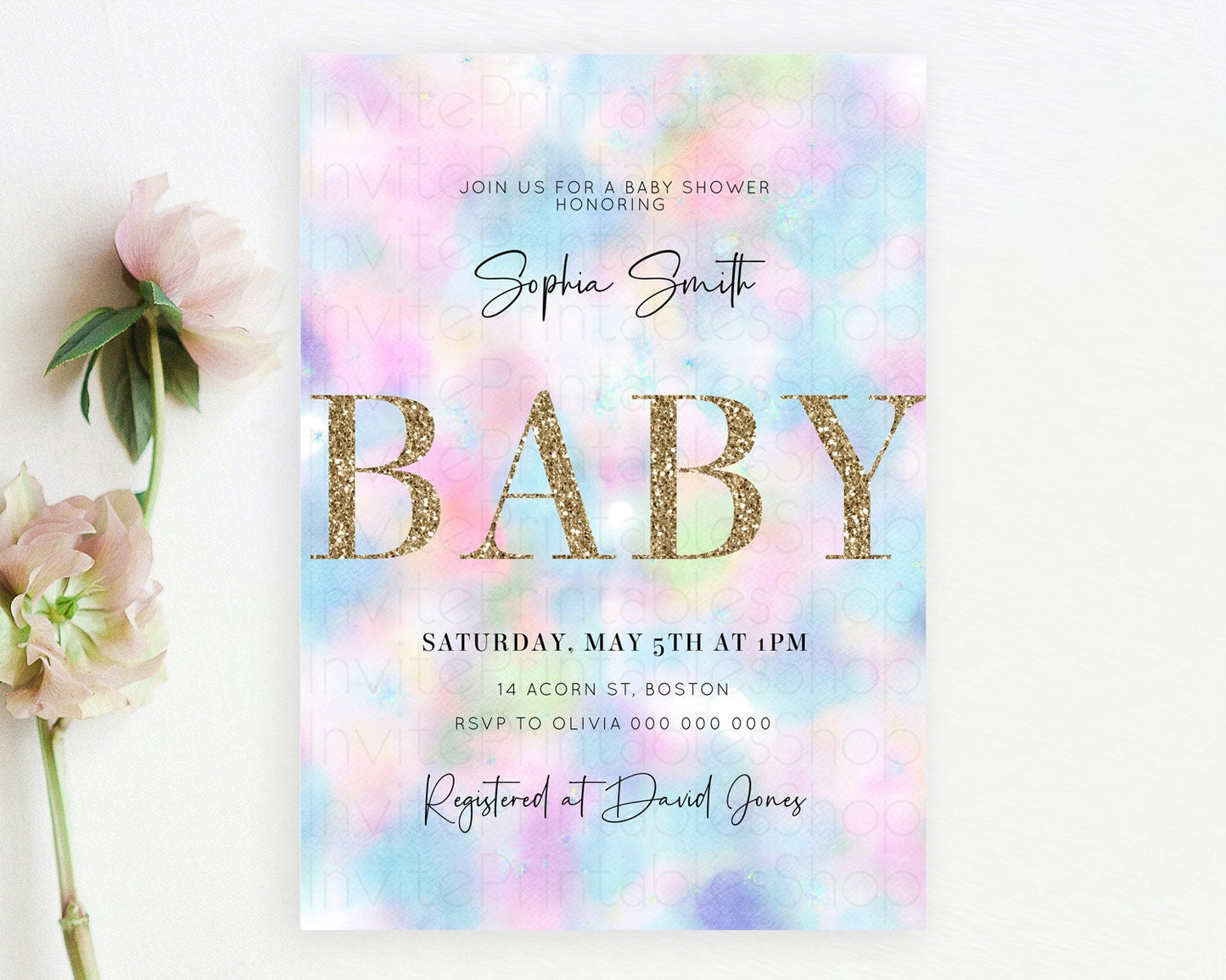 Pastel Baby Shower Invitation Rainbow Baby Shower Invitation Colorful Pastel Watercolor Invitation Gold Glitter Sprinkles Ombre D10694