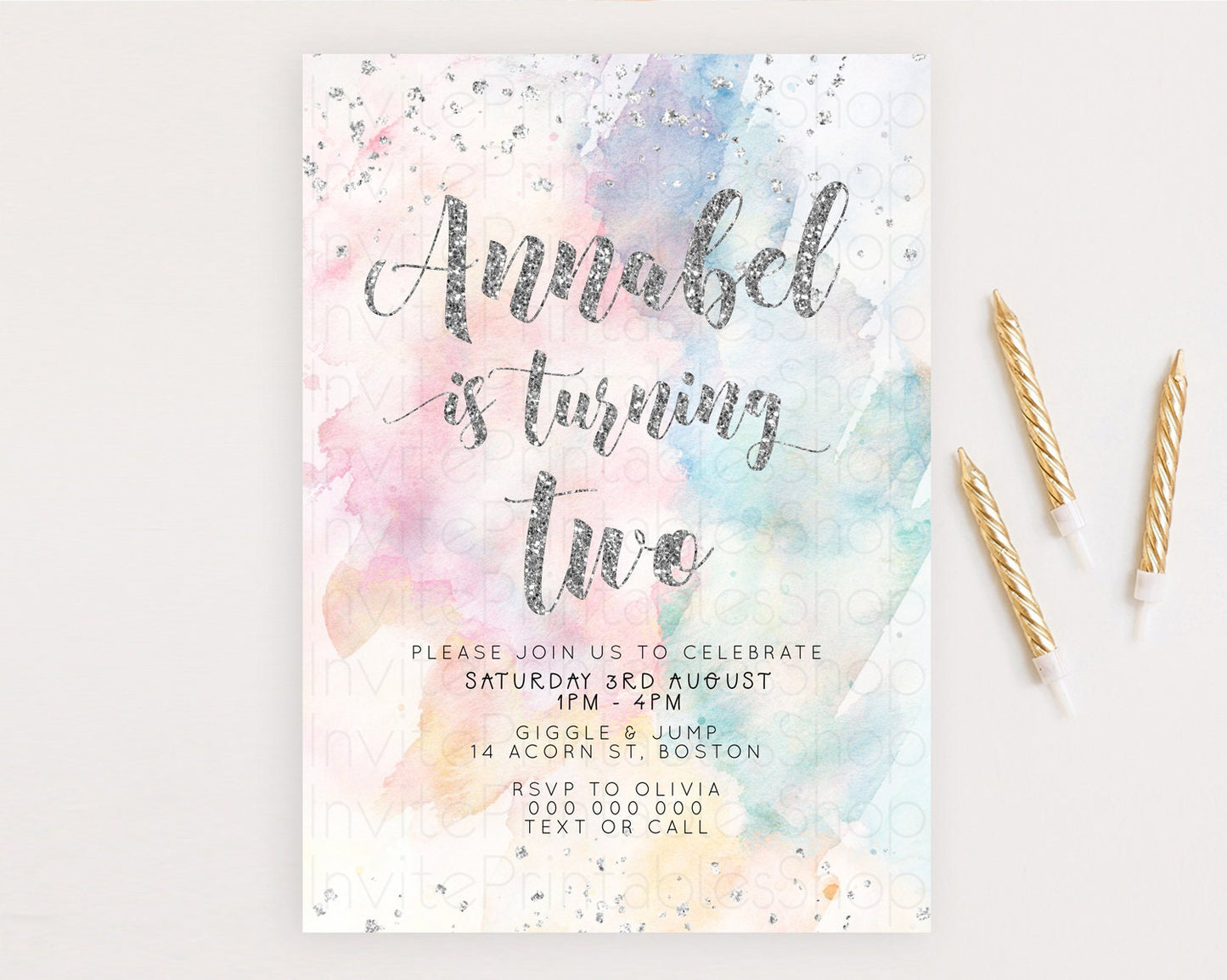 Rainbow Birthday Invitation Colorful Pastel Watercolor Silver Glitter Sprinkles Ombre Pastel Invitation 1st 2nd 3rd First Birthday D10944