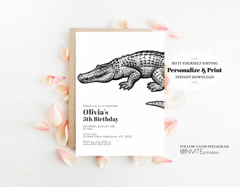 Crocodile Birthday Invitation Crocodile Invite Jungle Safari invite Watercolor Tropical Palm Invite Adventure Zoo Party Wild Croc Party t270