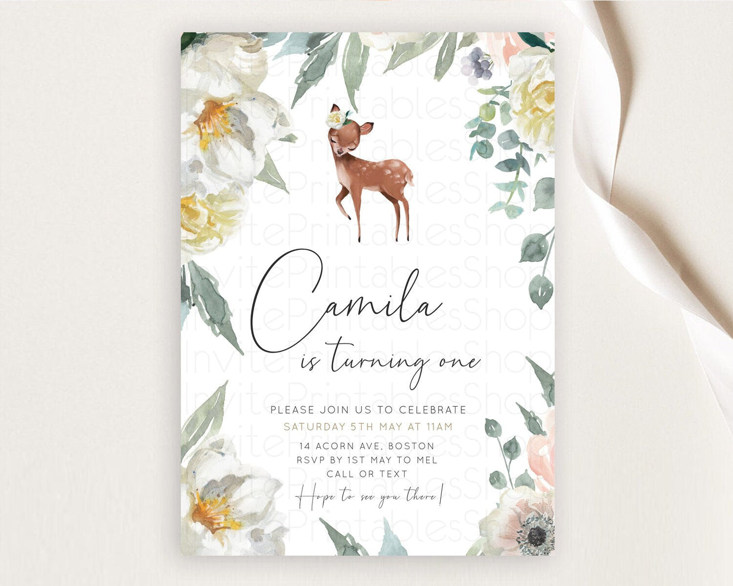 Fawn Birthday Invitation Deer Birthday Invitation Enchanted Forest Party Butterfly Pastel Flowers Whimsical 2nd 1st First Birthday D11030