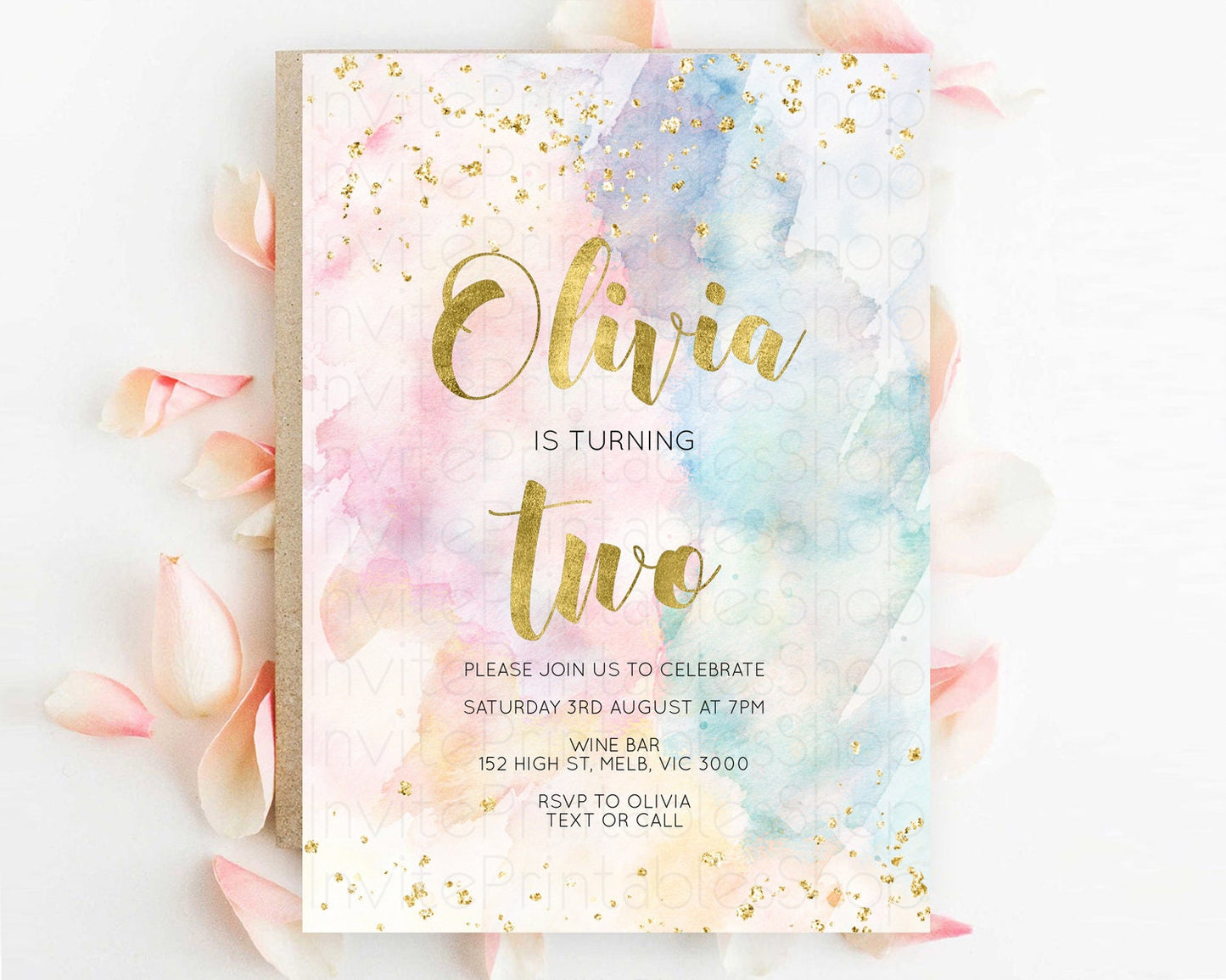 Rainbow Birthday Invitation Colorful Pastel Watercolor Invitation Gold Glitter Sprinkles Ombre Pastel 1st 2nd 3rd Birthday D10265