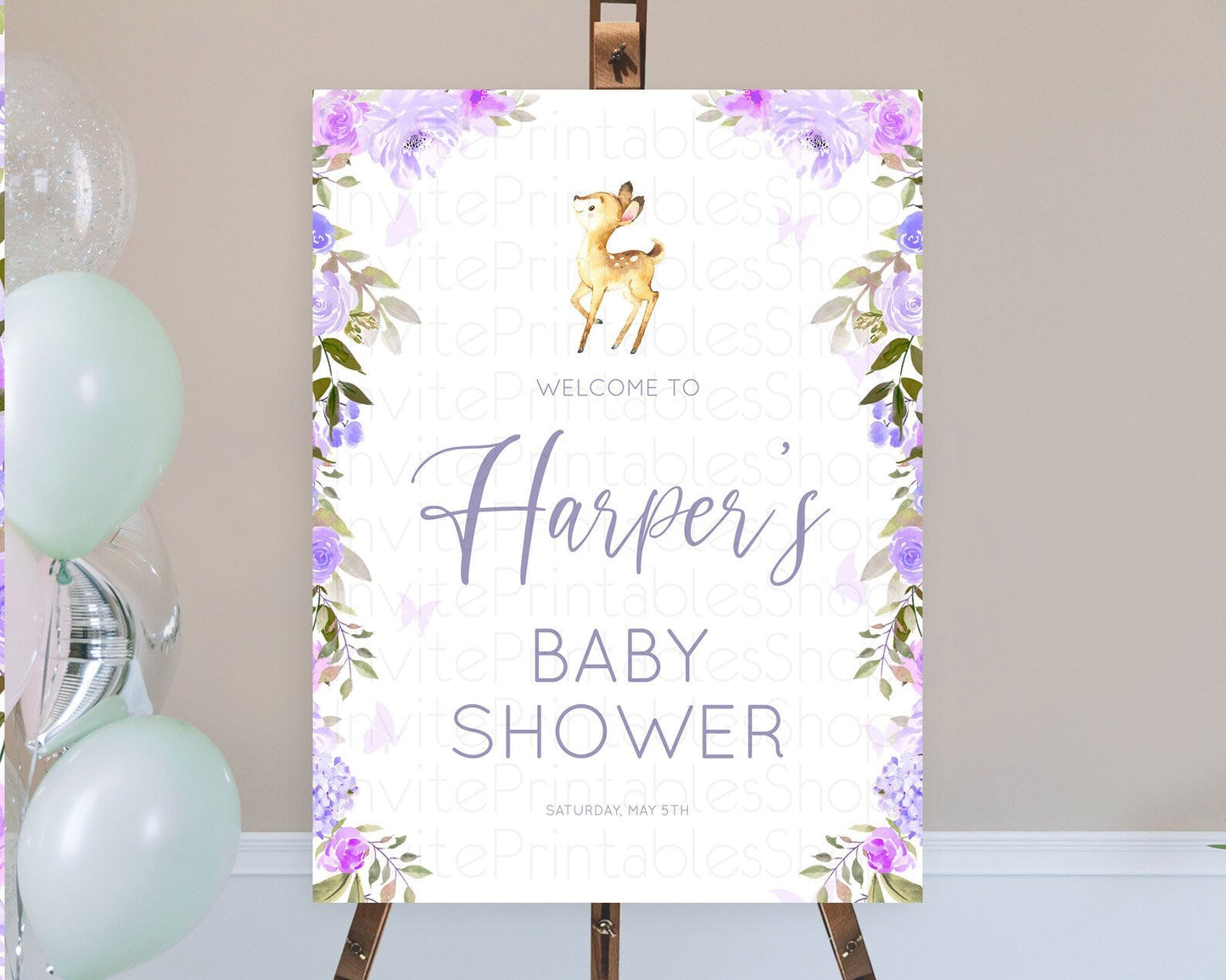 Fawn Baby Shower Welcome Sign Deer Welcome Board Floral Deer Welcome Poster Enchanted Forest Butterfly Pastel Floral Welcome Sign D10916