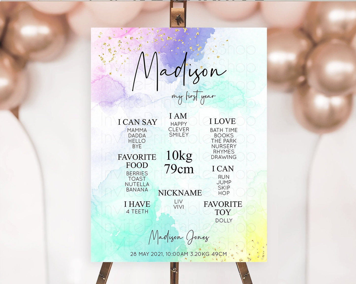 Pastel First Birthday Milestone Board Pastel Rainbow Milestone Poster Colorful Confetti Watercolor Glitter 1st Birthday Welcome Sign D10158