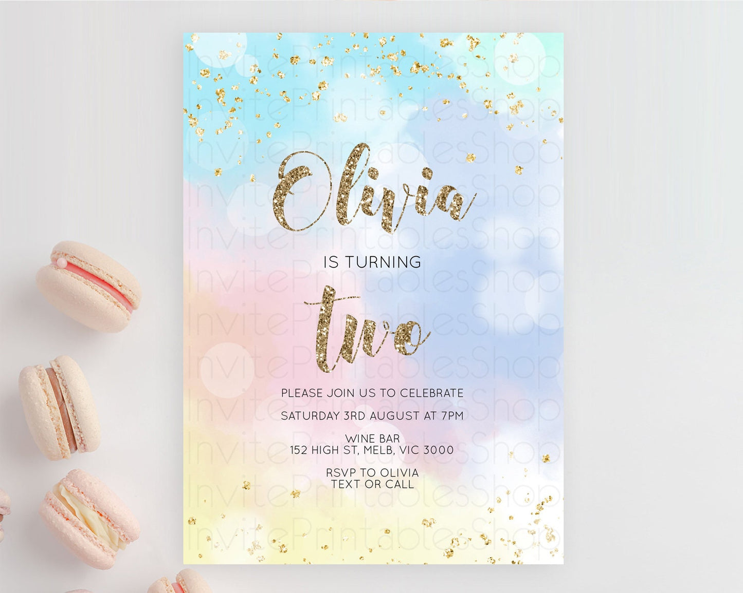 Rainbow Birthday Invitation Colorful Pastel Watercolor Invitation Gold Glitter Sprinkles Ombre Pastel 1st 2nd 3rd Birthday D10367