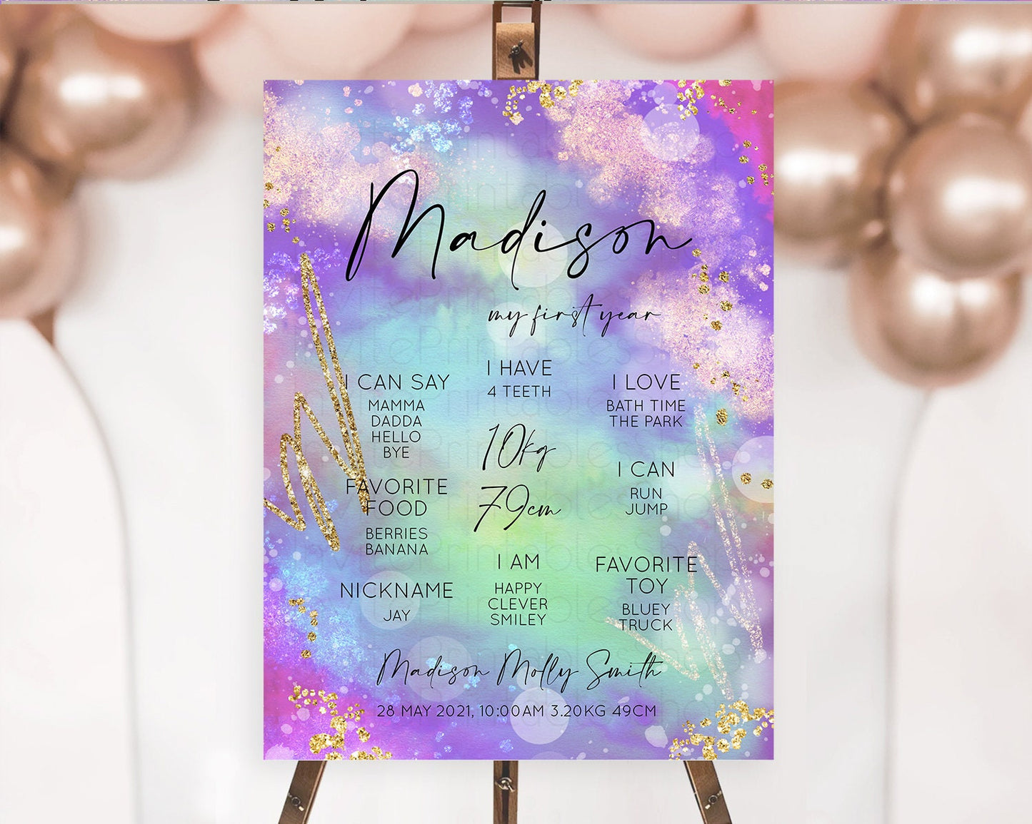 Pastel First Birthday Milestone Board Pastel Rainbow Milestone Poster Colorful Confetti Watercolor Glitter 1st Birthday Welcome Sign D10680