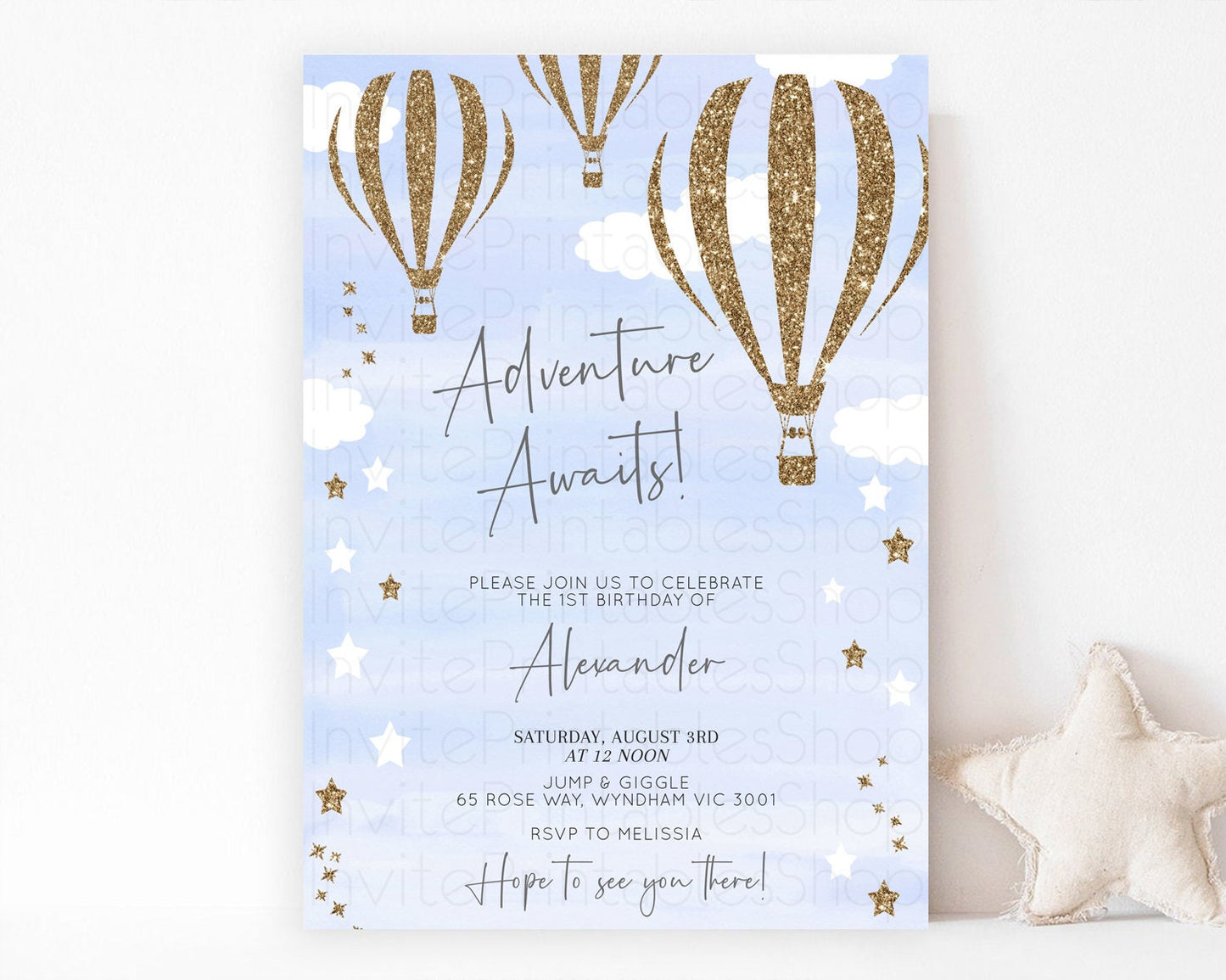 Hot Air Balloon Birthday Invitation Hot Air Balloon Invites Adventure Awaits Up Up & Away Glitter Blue Watercolor 1st Birthday Boy D10333