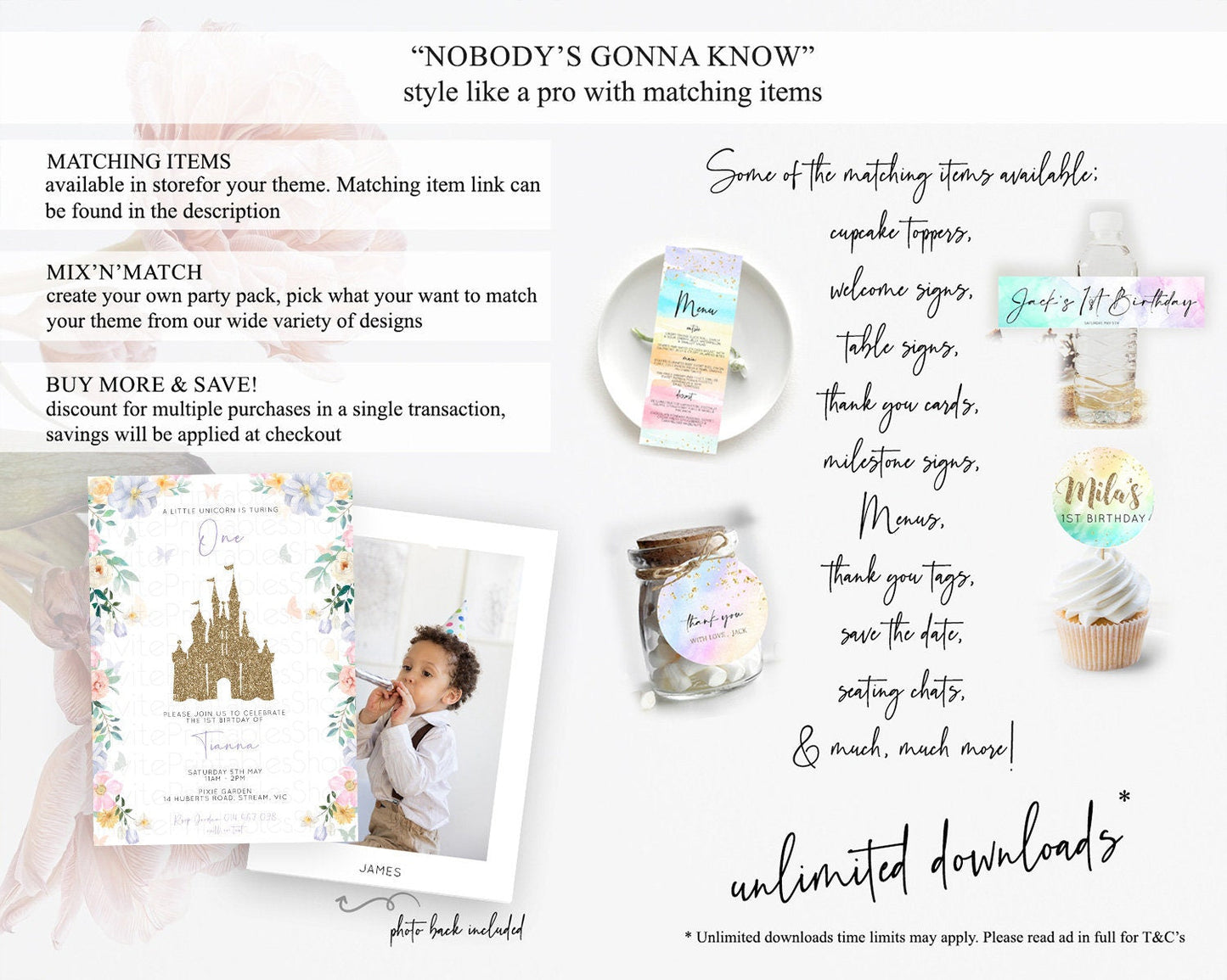 Princess Birthday Invitation Castle Invitation Royal Birthday Fairy Tale Enchanted Castle Pastel Floral Garden 1st First Birthday D10469