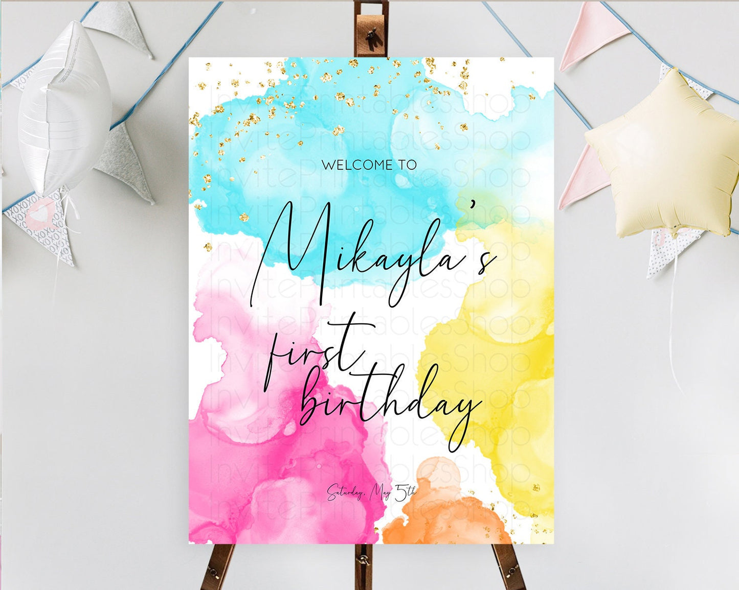 Pastel Welcome Sign Pastel Rainbow Welcome Sign Colorful Rainbow Confetti Watercolor Glitter Pastel First Birthday Welcome Sign D10898