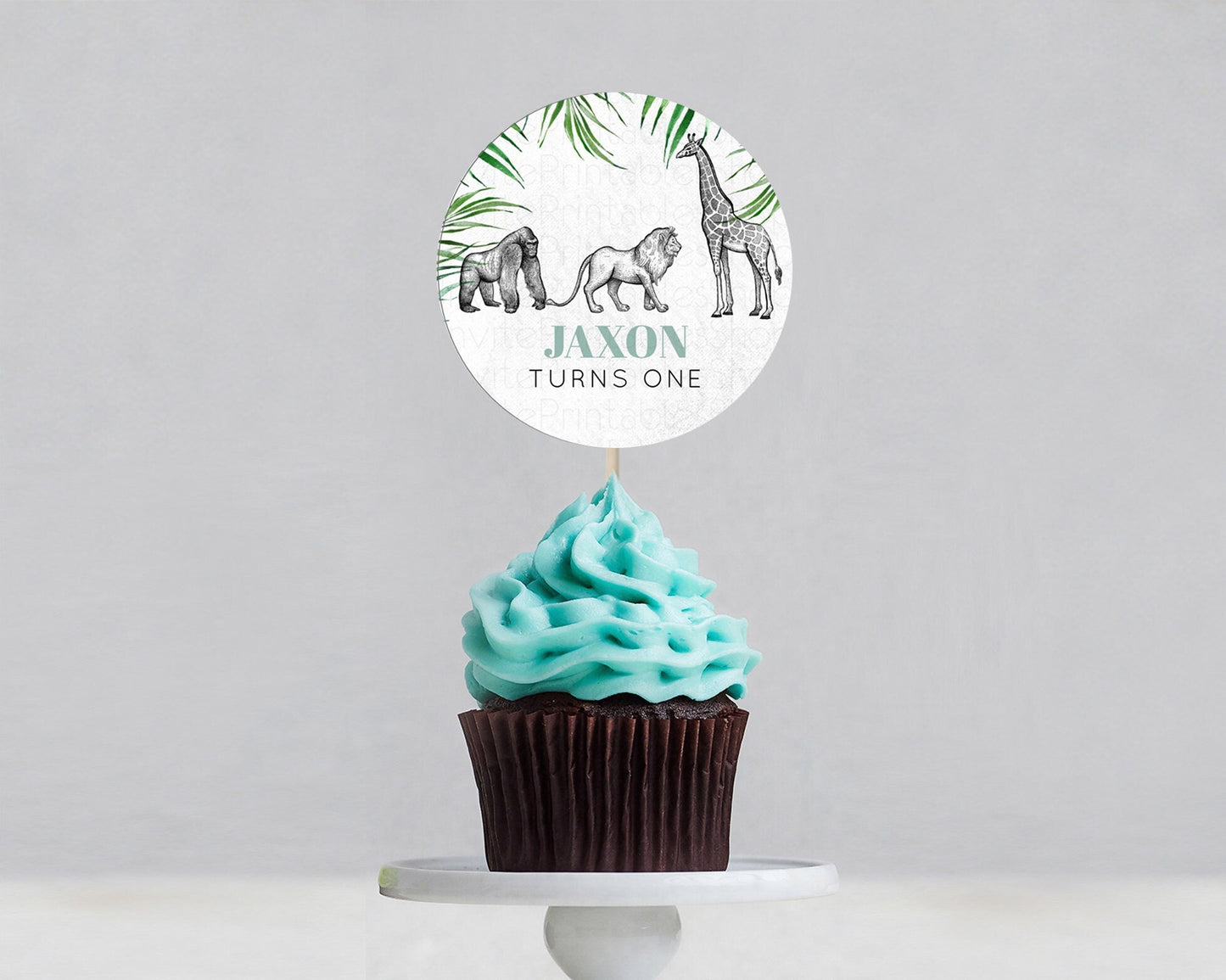 Safari Cupcake Toppers Lion Gorilla Elephant Rhino Tropical Palm Decor Jungle Safari Adventure Zoo Cupcake Topper First Birthday D10853
