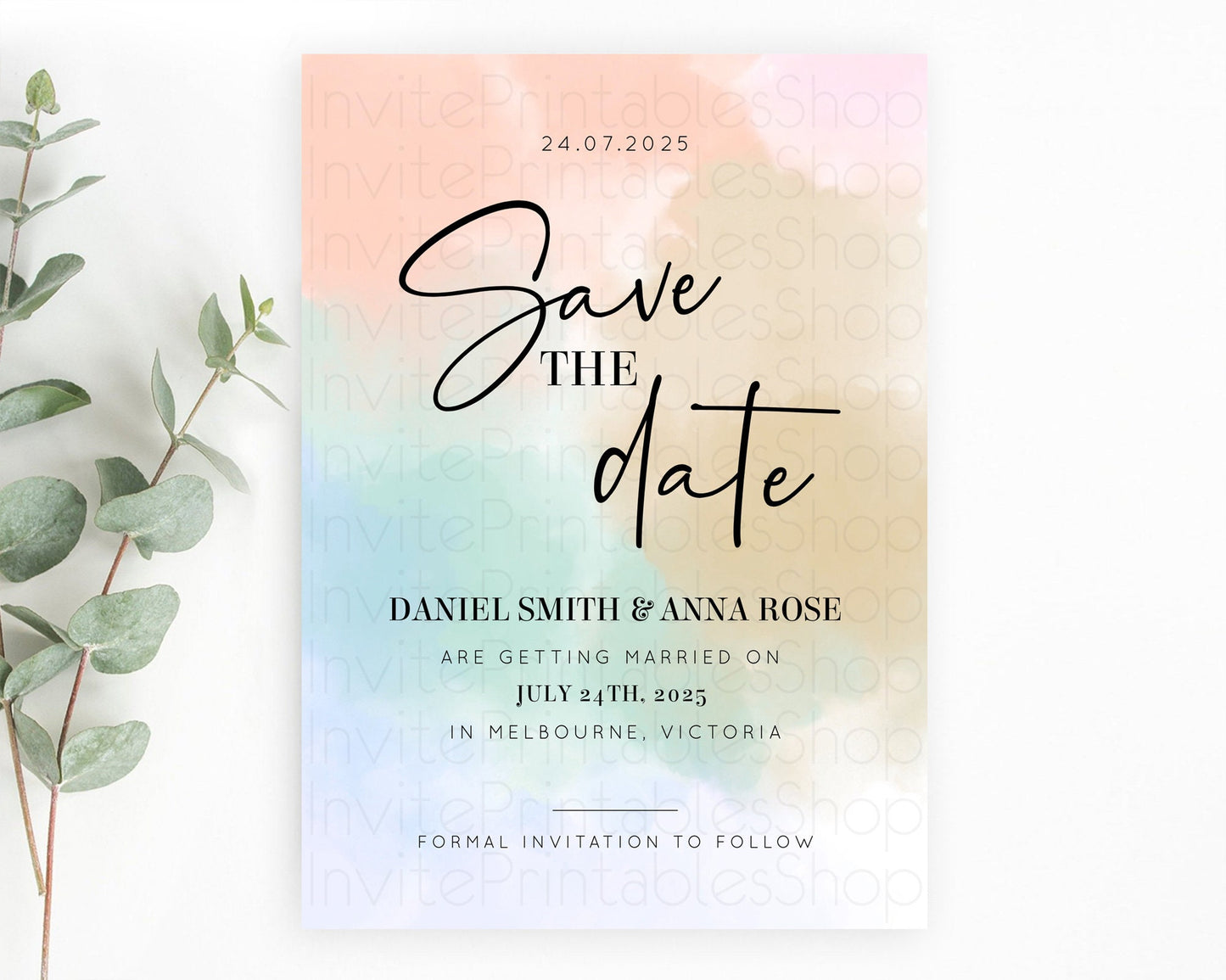 Pastel Save The Date Template Pastel Ombre Rainbow Watercolor Colorful Party For Birthday Baptism Baby Shower Wedding Bridal Shower D10370