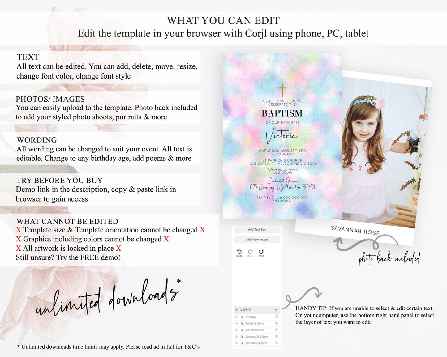 Pastel Baptism Invitation Pastel Colors Watercolor Baptism 1st Birthday Party Gold Ombre Pastel Rainbow Christening Holy Communion D10694