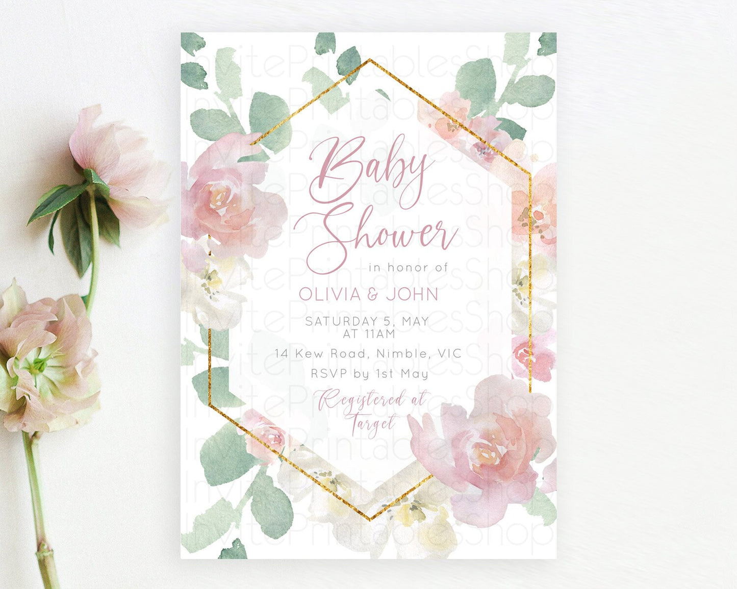 Enchanted Garden Baby Shower Invitation, Wildflower, Blooms with Pastel Pink Flowers, Elegant Gold Accents - Floral Botanical Theme D11032