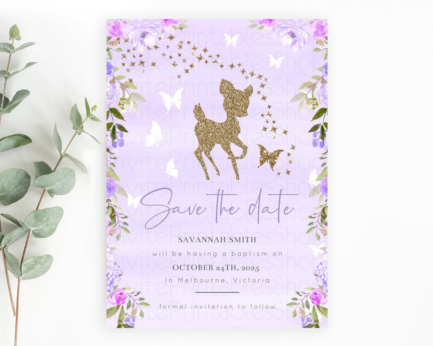 Fawn Deer Save The Date Template Pastel Floral Deer Enchanted Forest Butterfly Party 1st Birthday Baptism Baby Shower Bridal Shower D10963