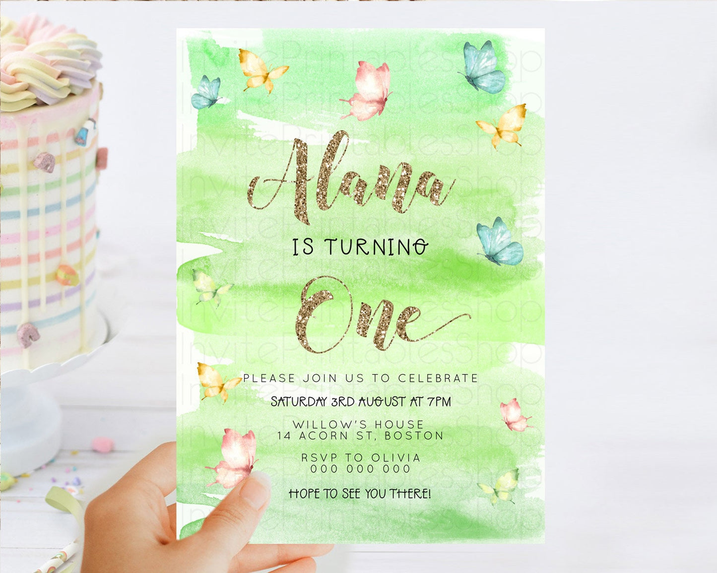 Pastel Butterfly Birthday Invitation Butterfly Birthday Invitation Colorful Splash Glitter Butterfly Garden 1st 2nd Birthday D23234
