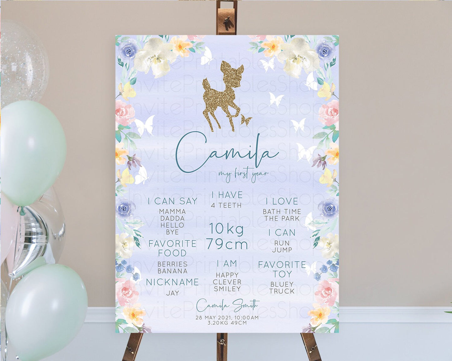 Fawn First Birthday Milestone Board Deer First Birthday Milestone Poster Enchanted Forest Butterfly Pastel Flowers 1st Birthday Sign D10879