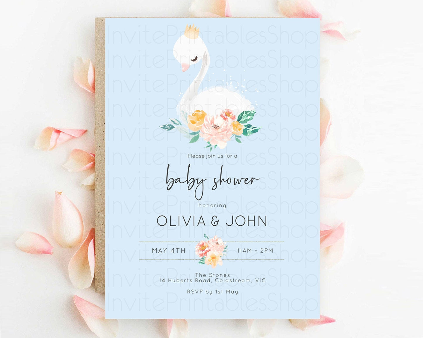 Swan Lake Baby Shower Invitation, Secret Garden, White Swan Princess Ballet, Watercolor Pink Green Floral, Butterflies, Soft Blue D10903