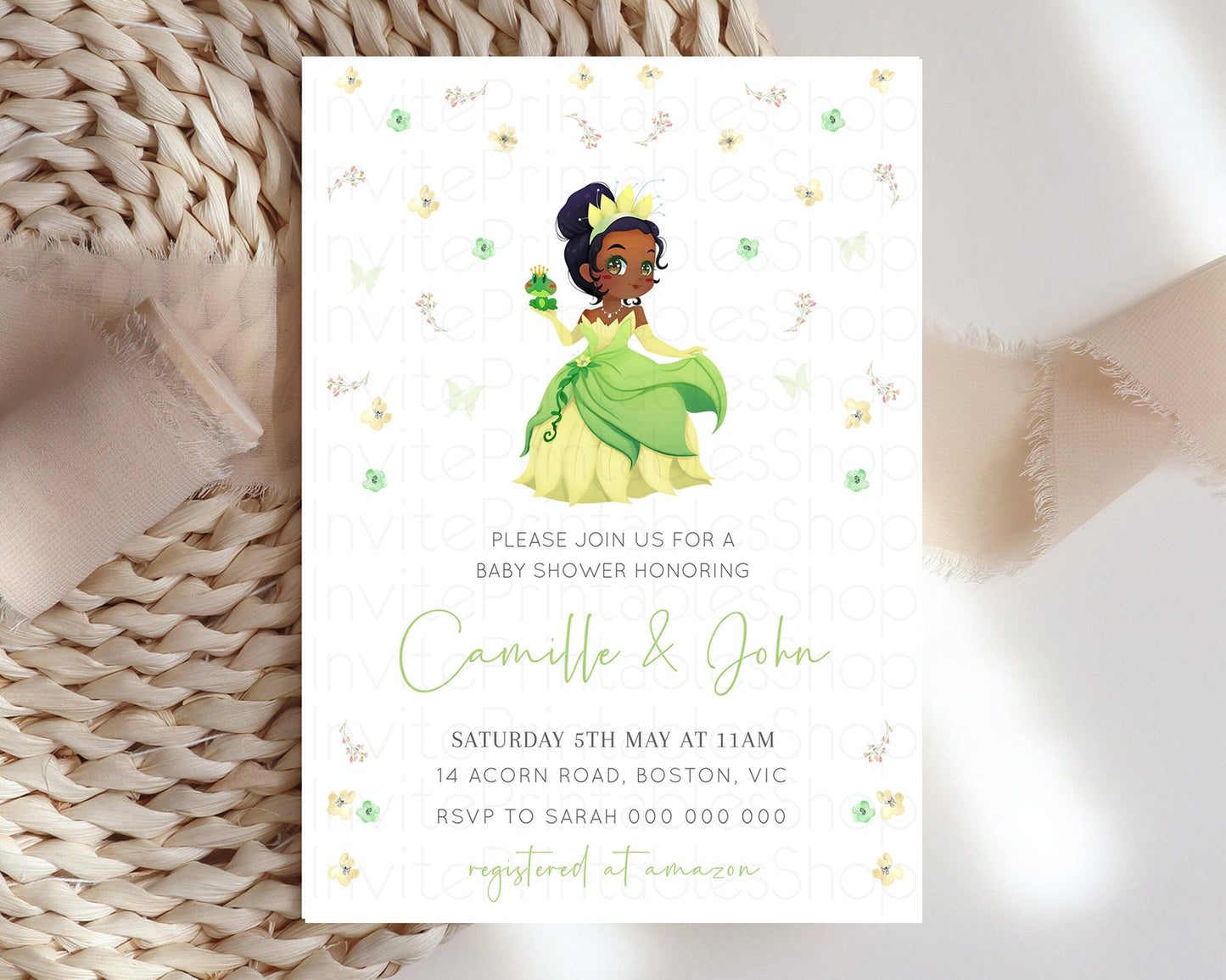 Princess Tiana Baby Shower Castle Invitation Tiana Invite Confetti Florals Secret Garden Enchanted Castle Magical Butterflies Flutters 425