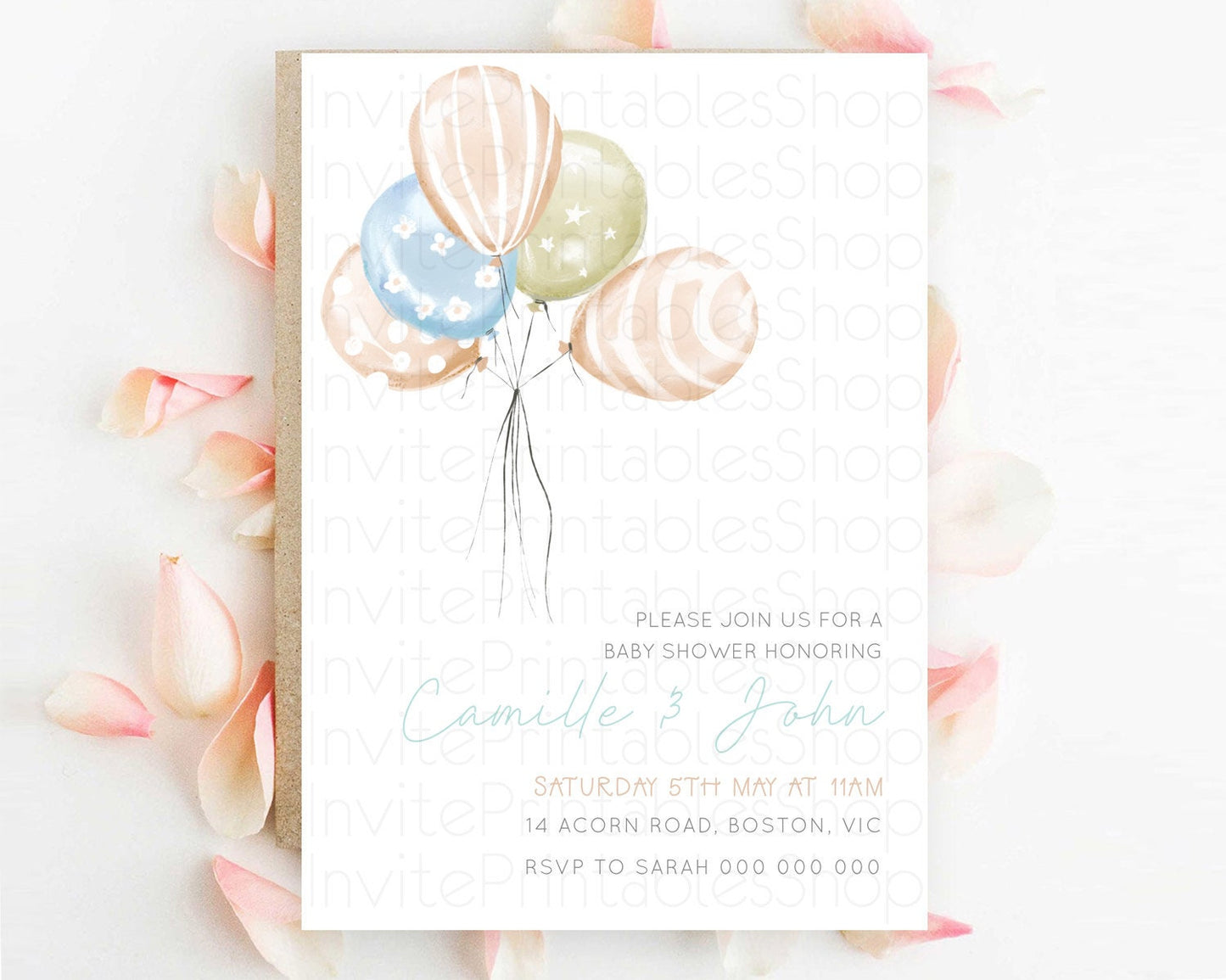 Pastel Balloon Baby Shower Invitation Pastel Balloon Pink Blue Gold Invitation Colorful Pastel Rainbow Balloon Baby Shower Theme d22999