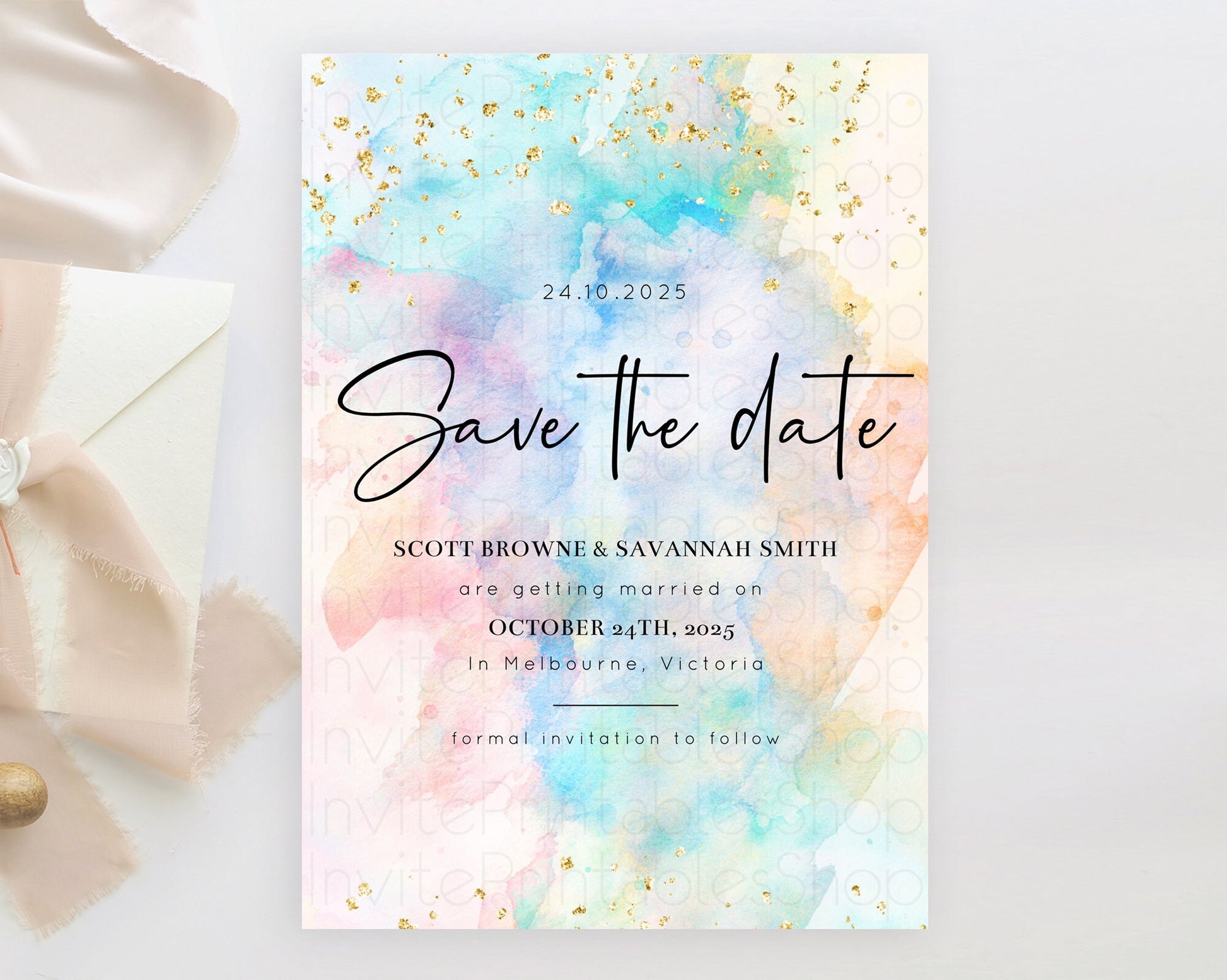 Editable Pastel Save The Date Template Pastel Ombre Rainbow Watercolor Color