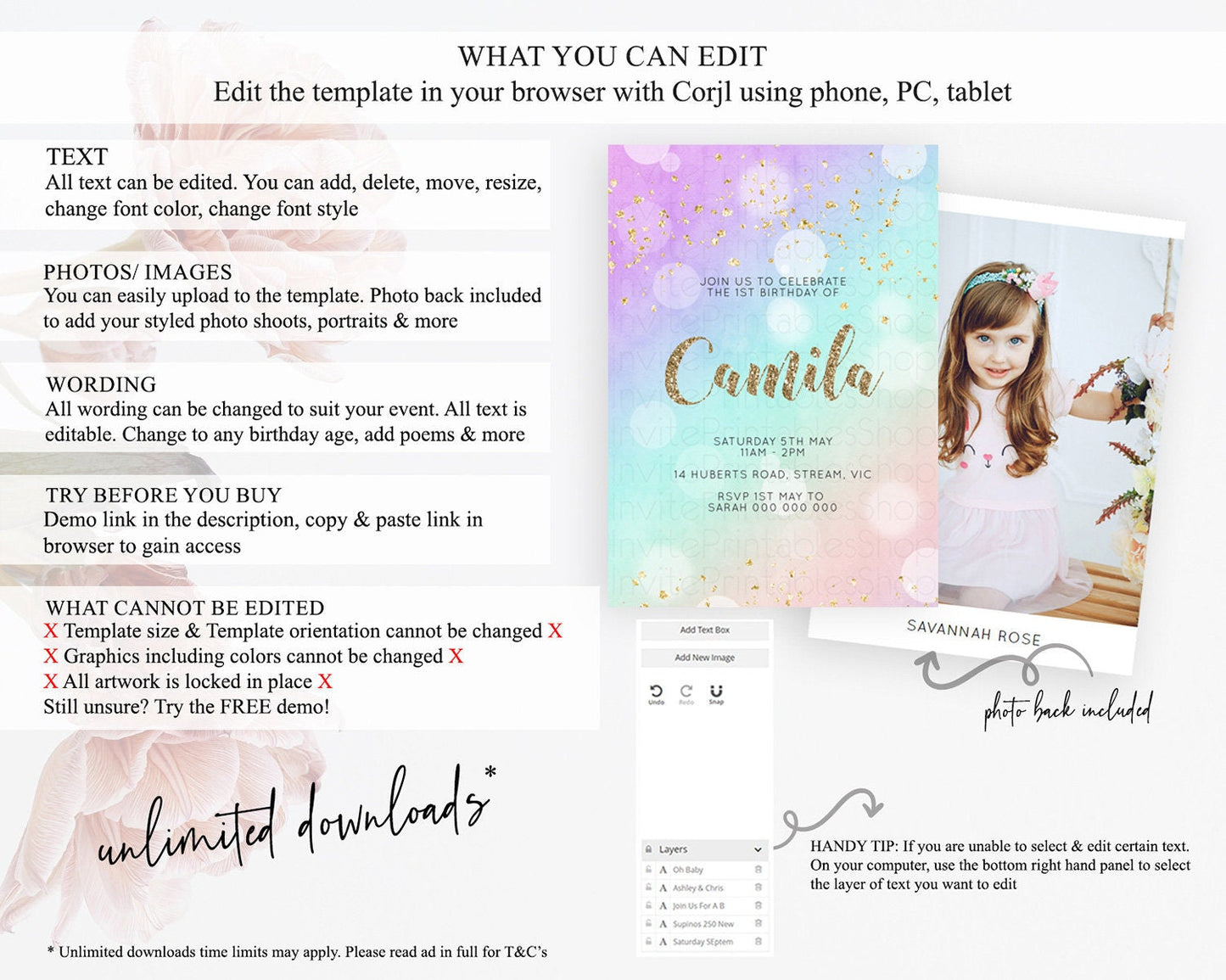 Rainbow Birthday Invitation Colorful Pastel Watercolor Invitation Gold Glitter Sprinkles Ombre Pastel 1st 2nd 3rd Birthday D10621