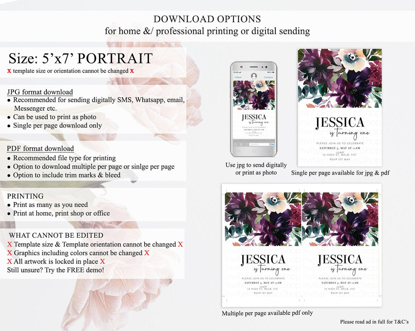 Secret Garden Wildflower Birthday Invitation, Pastel Burgundy Flowers, Boho Floral, 1st, 2nd, 3rd Birthday, D11062