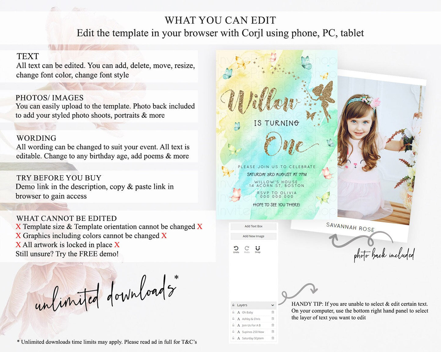 Pastel Fairy Birthday Invitation Pastel Butterflies Fairy Birthday Invitation Rainbow Ombre Watercolor 1st 2nd Birthday Invitation D23336