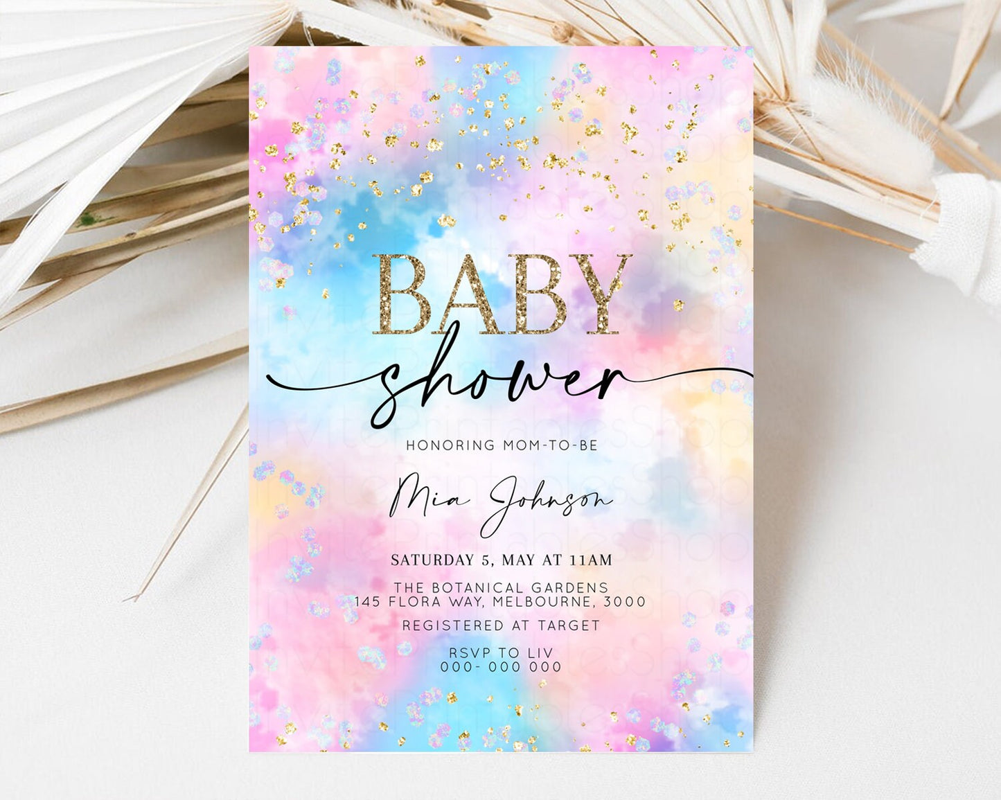 Rainbow Baby Shower Invitation Watercolor Pastel Invite Colorful Splash Baby Invite Glitter Sprinkles Ombre Clouds Invite Whimsical 589v4