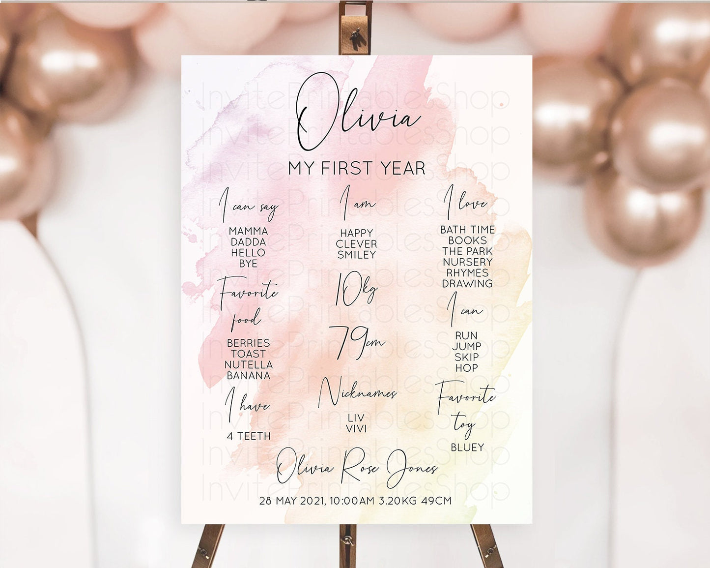 Pink First Birthday Milestone Poster Pink Watercolor Milestone Board Pastel Pink Watercolor Splash Milestone Board 1st Birthday D10164