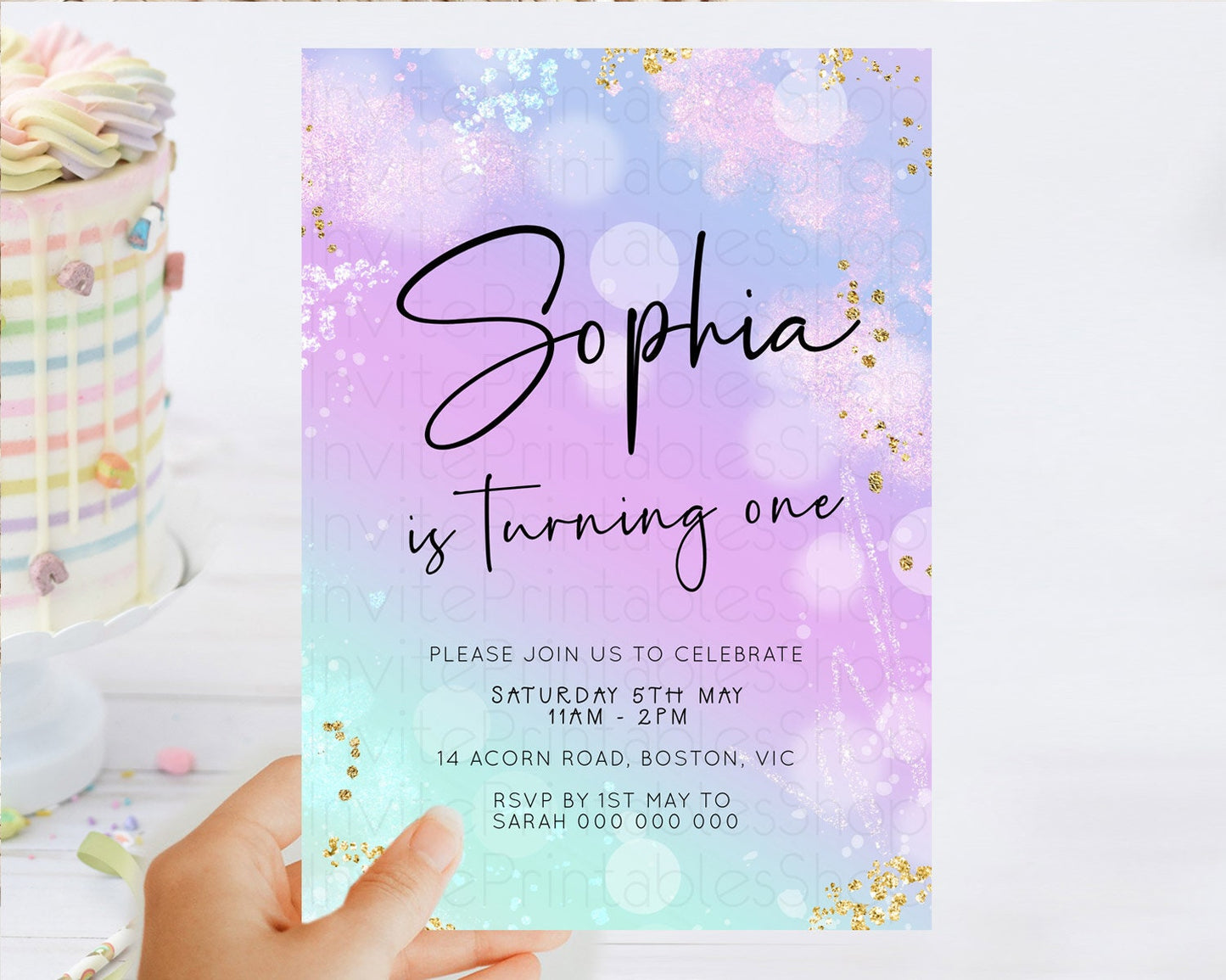 Pastel Birthday Invitation Ombre Watercolor Birthday Invitation Glitter Rainbow Color Splash 1st 2nd 3rd Birthday Invitation D23109