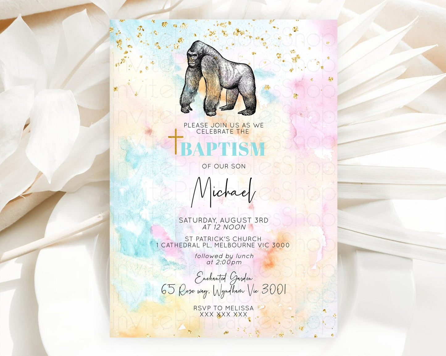 Pastel Gorilla Baptism Invitation Ombre Gorilla Baptism 1st Birthday Invitation Rainbow Watercolor Safari Christening Invitation D10284