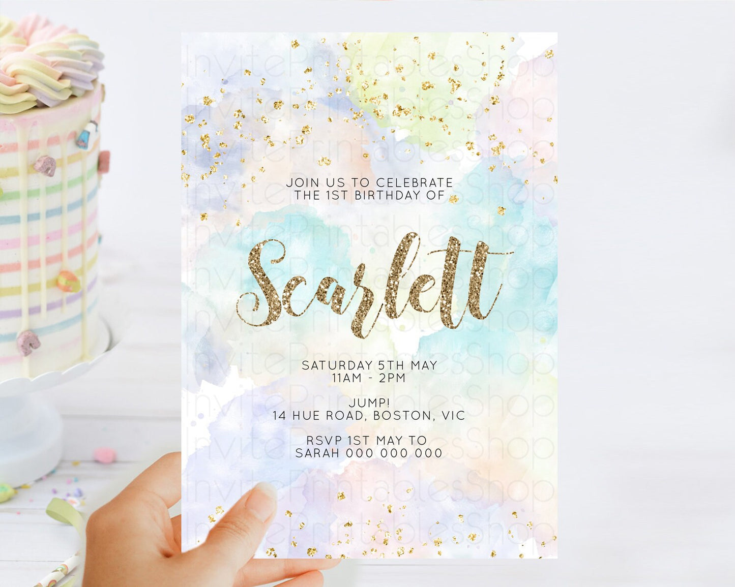 Rainbow Birthday Invitation Colorful Pastel Watercolor Invitation Gold Glitter Sprinkles Ombre Pastel 1st 2nd 3rd Birthday D10614