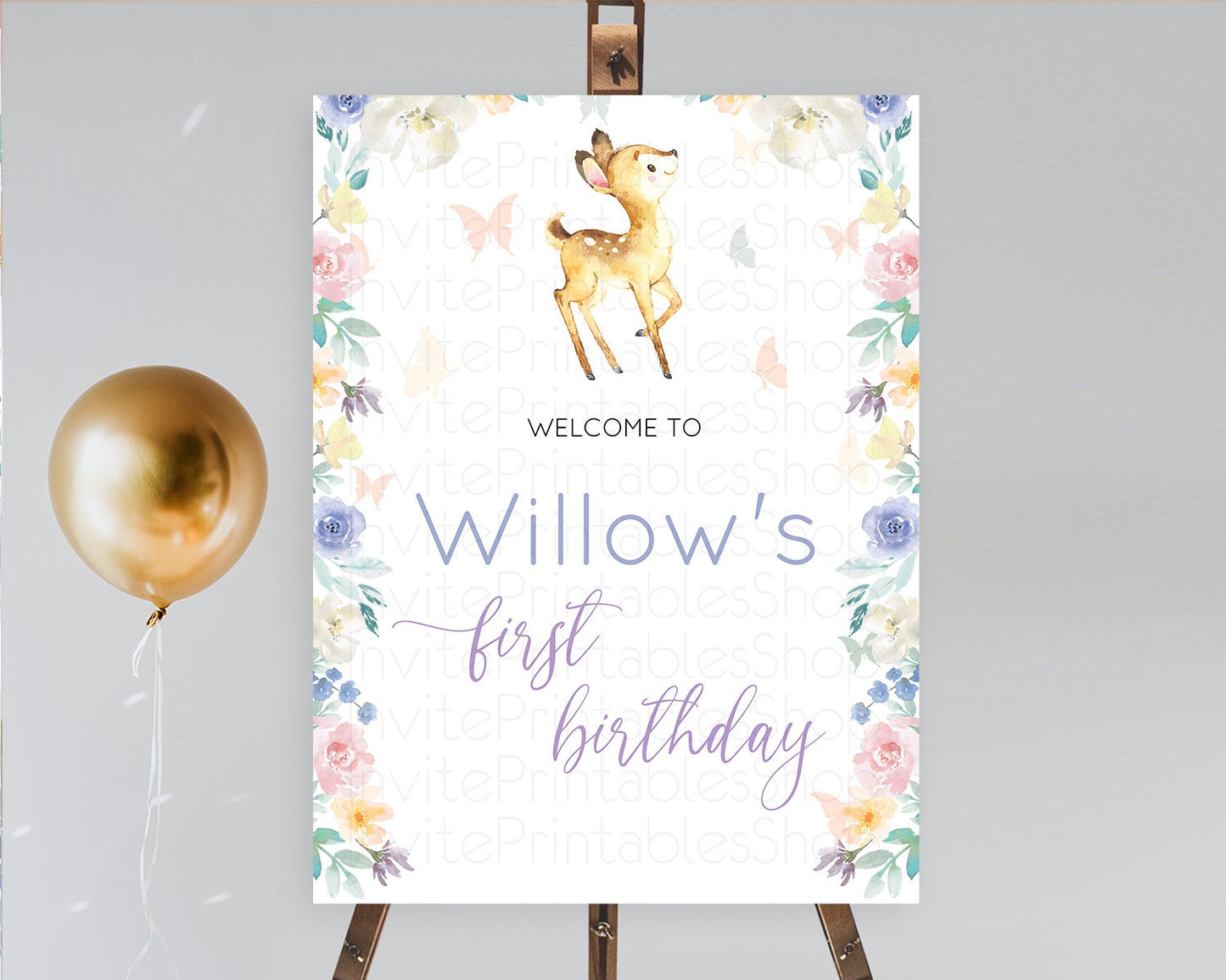 Fawn Welcome Sign Deer Welcome Board Floral Deer Welcome Poster Enchanted Forest Butterfly Pastel Floral First Birthday Welcome Sign D11001