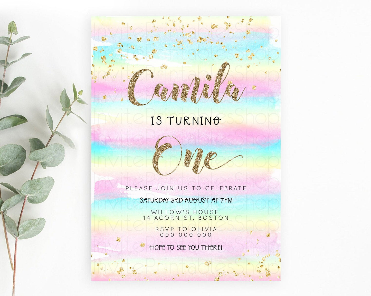 Rainbow Birthday Invitation Colorful Pastel Watercolor Invitation Gold Glitter Sprinkles Ombre Pastel 1st 2nd 3rd Birthday D23265