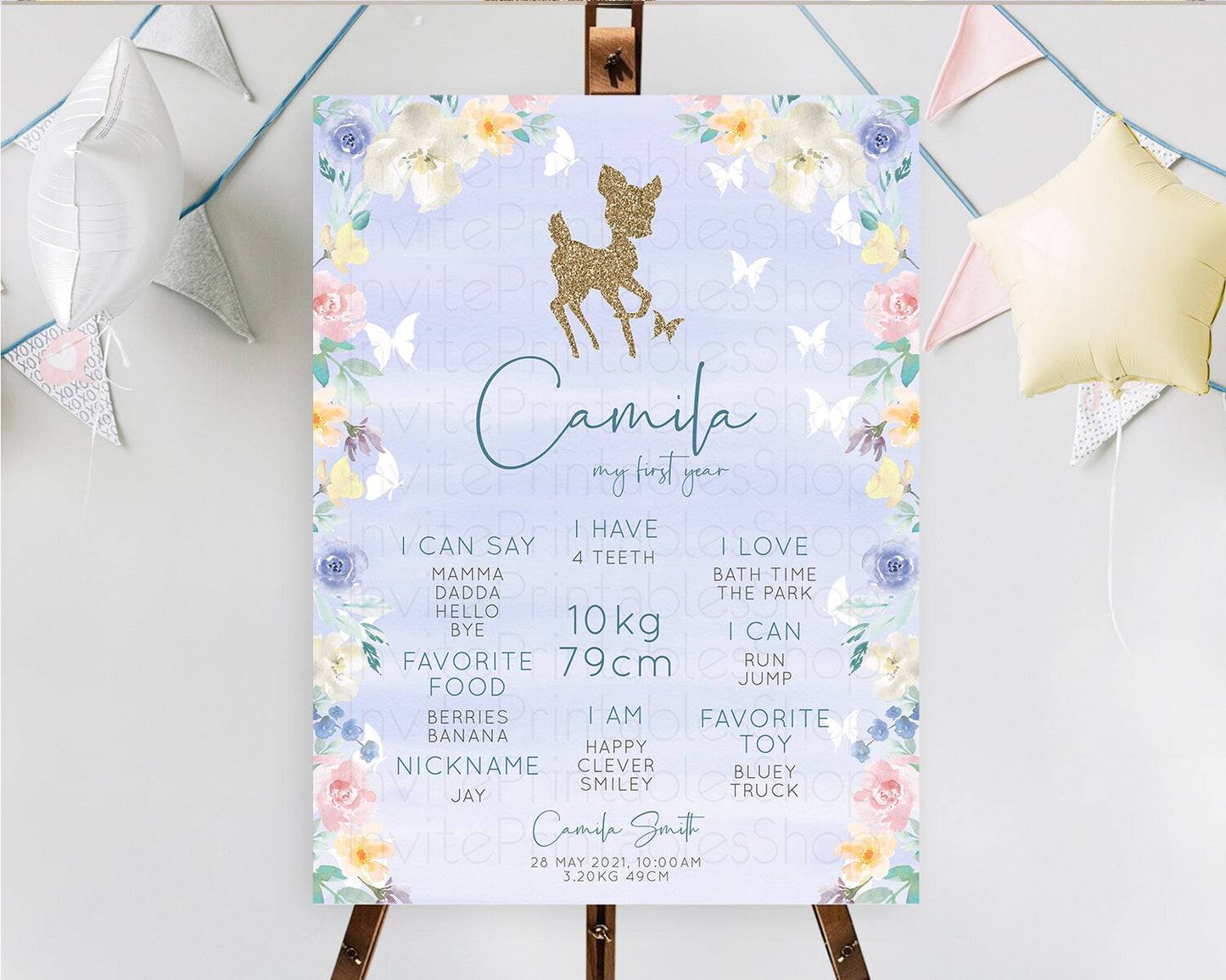 Fawn First Birthday Milestone Board Deer First Birthday Milestone Poster Enchanted Forest Butterfly Pastel Flowers 1st Birthday Sign D10879