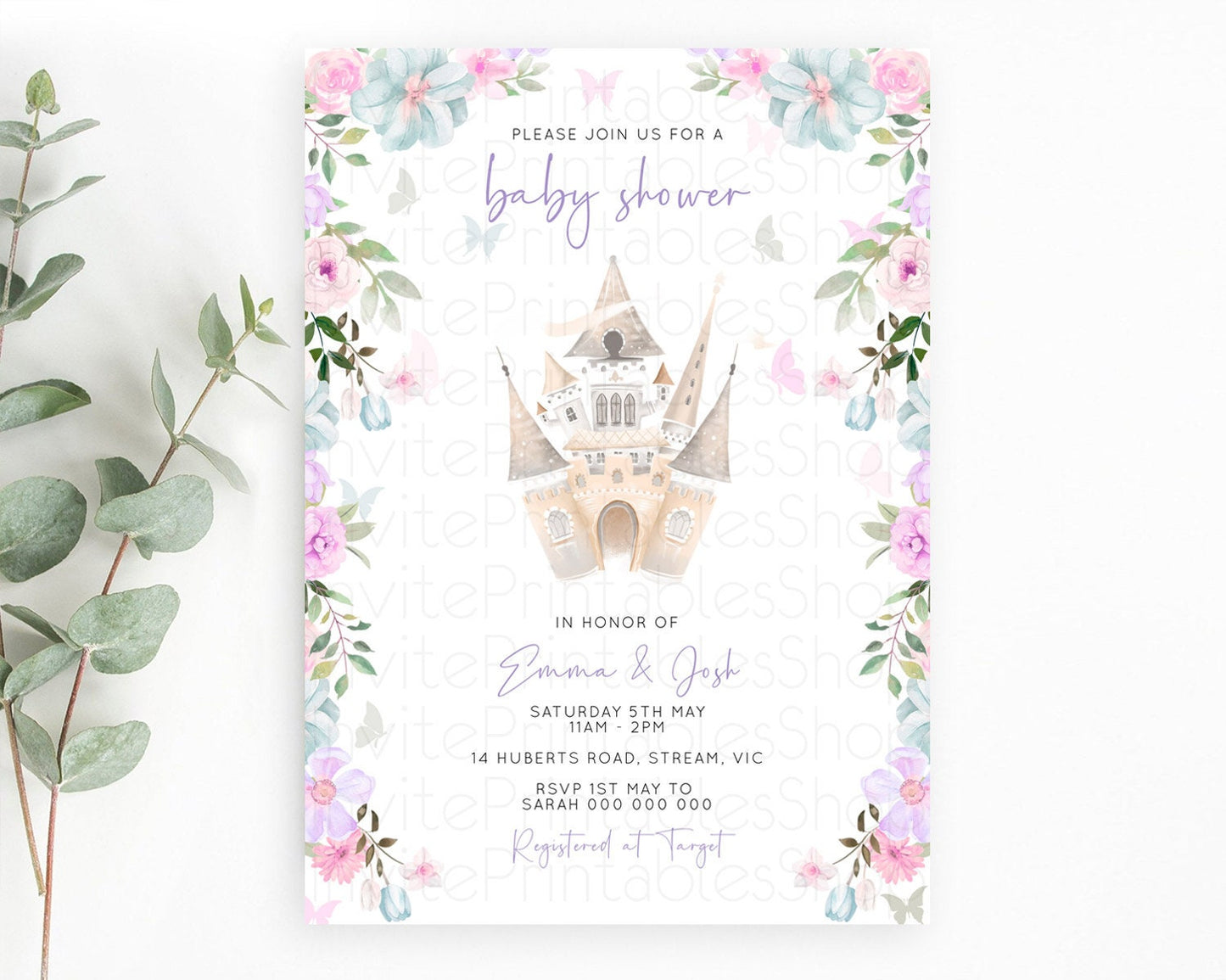 Pastel Princess Baby Shower Invitation Floral Castle Invitation Royal Baby Invite Enchanted Castle Pastel Flower Garden Baby Shower D10471