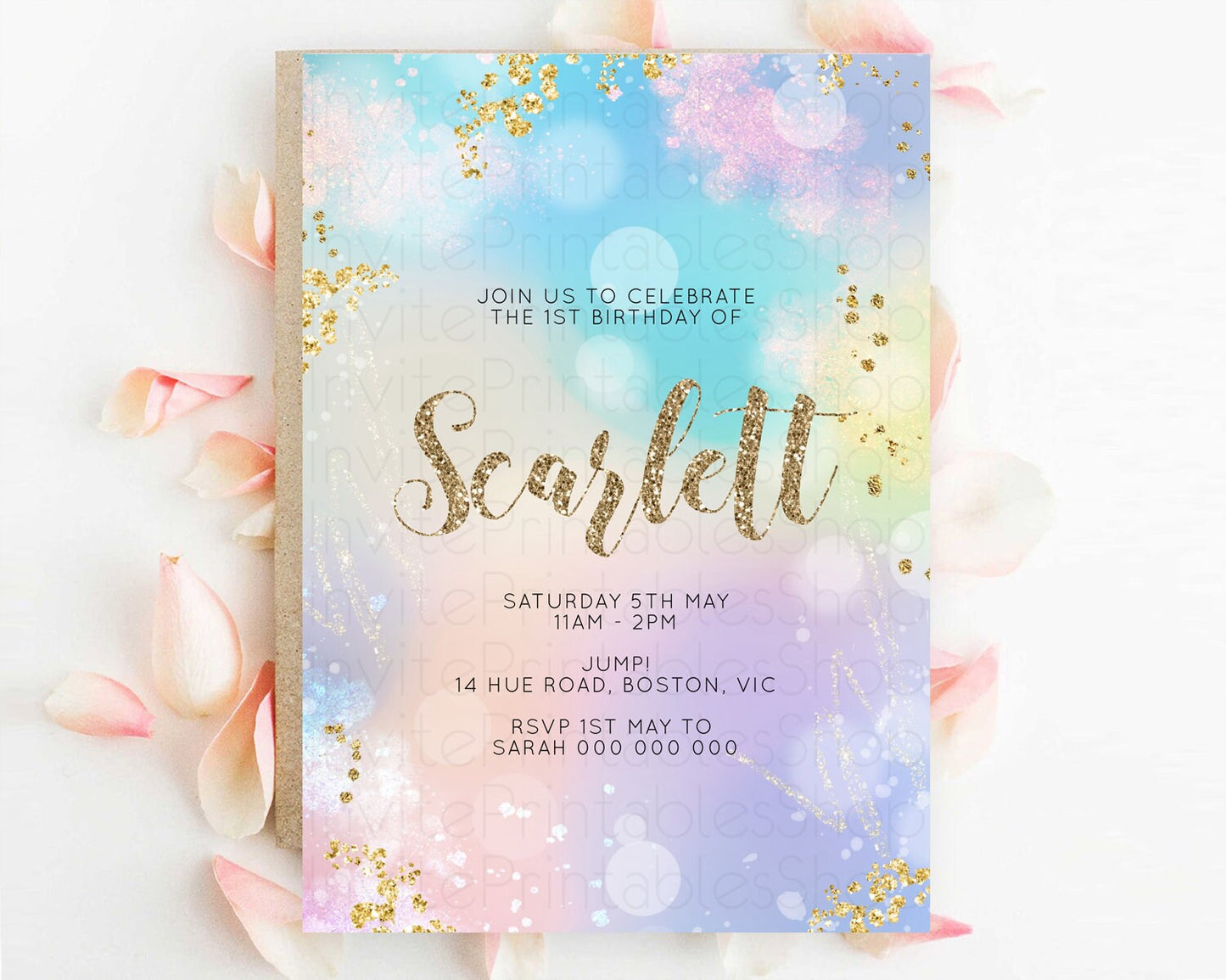 Rainbow Birthday Invitation Colorful Pastel Watercolor Invitation Gold Glitter Sprinkles Ombre Pastel 1st 2nd 3rd Birthday D10677