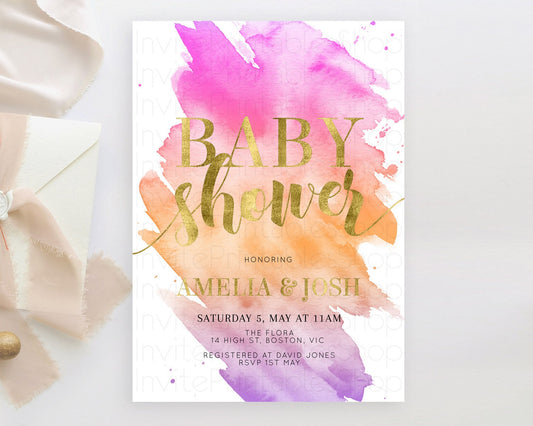 Pastel Baby Shower Invitation Rainbow Baby Shower Invitation Colorful Pastel Watercolor Invitation Gold Glitter Sprinkles Ombre D10488