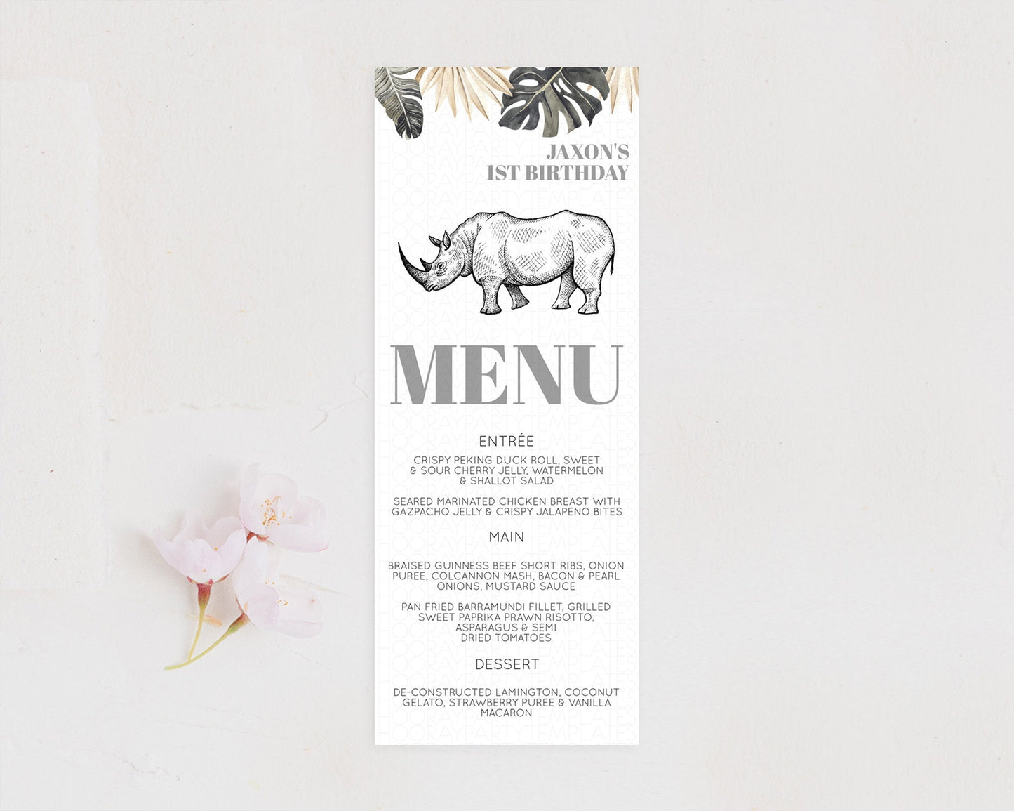 Rhino Menu Rhino Menu Template Rhino Party Table Decor Safari Adventure Decor Rhino Dinner Dessert Menu Rhino Party Food Menu D10826