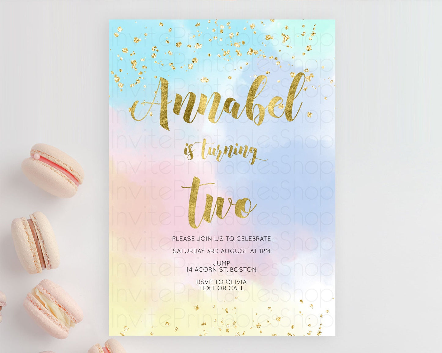 Rainbow Birthday Invitation Colorful Pastel Watercolor Invitation Gold Glitter Sprinkles Ombre Pastel 1st 2nd 3rd Birthday D10892