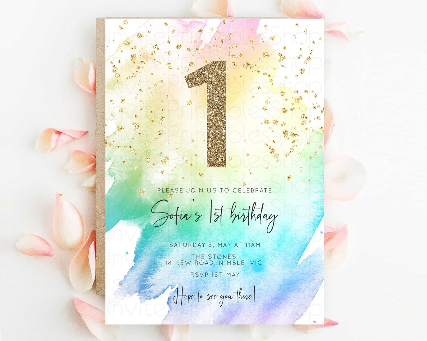 Rainbow Birthday Invitation Colorful Pastel Watercolor Invitation Gold Glitter Sprinkles Ombre Pastel 1st 2nd 3rd Birthday D10256