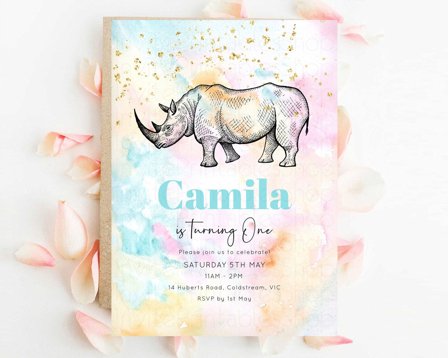 Pastel Rhinoceros Birthday Invitation Pastel Rhino Invite Rainbow Rhino Invitation Colorful Watercolor Invite Safari Zoo Glitter Invite W286