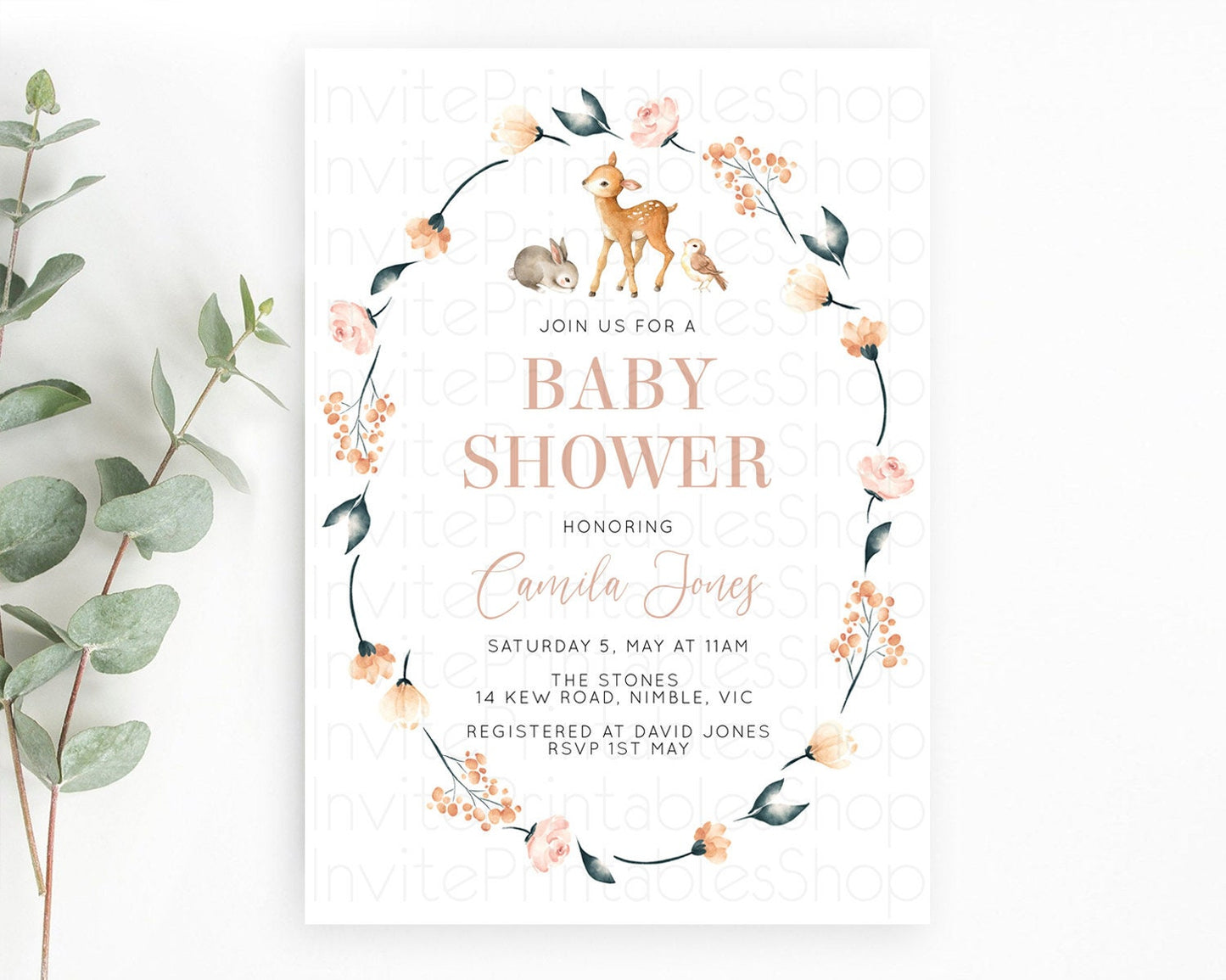 Fawn Baby Shower Invitation, Enchanted Forest, Deer, Bunny, Woodland, Pastel Flowers, Floral Crown, Organic Orange Pink Green Tone D10241