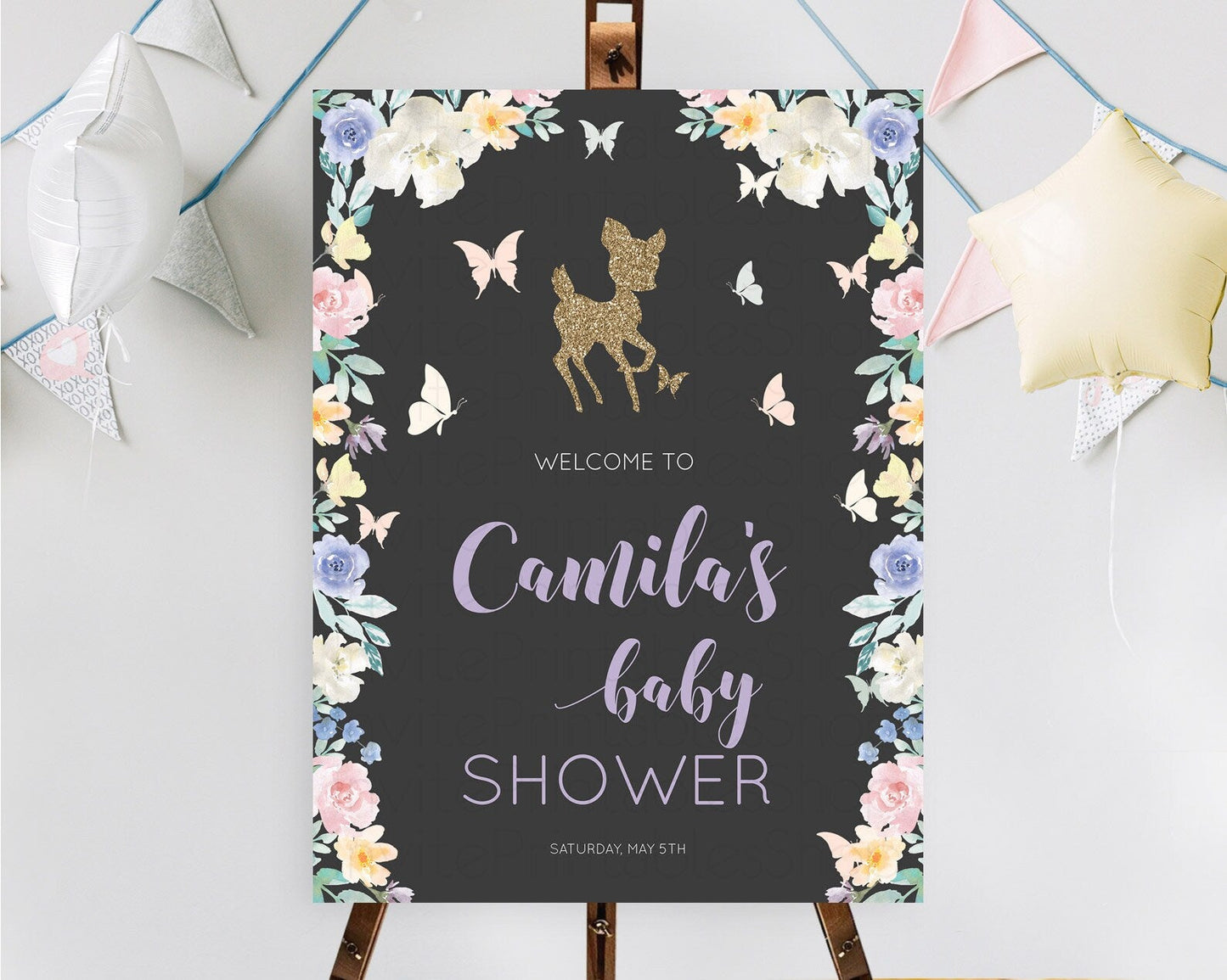 Fawn Baby Shower Welcome Sign Deer Welcome Board Floral Deer Welcome Poster Enchanted Forest Butterfly Pastel Floral Welcome Sign D10880