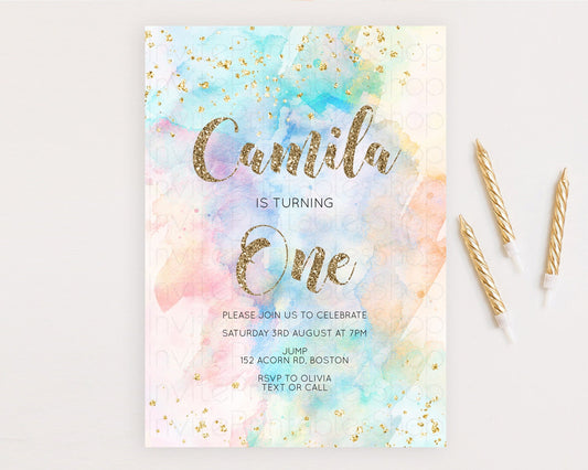 Editable Rainbow Birthday Invitation Colorful Pastel Watercolor Invitation G