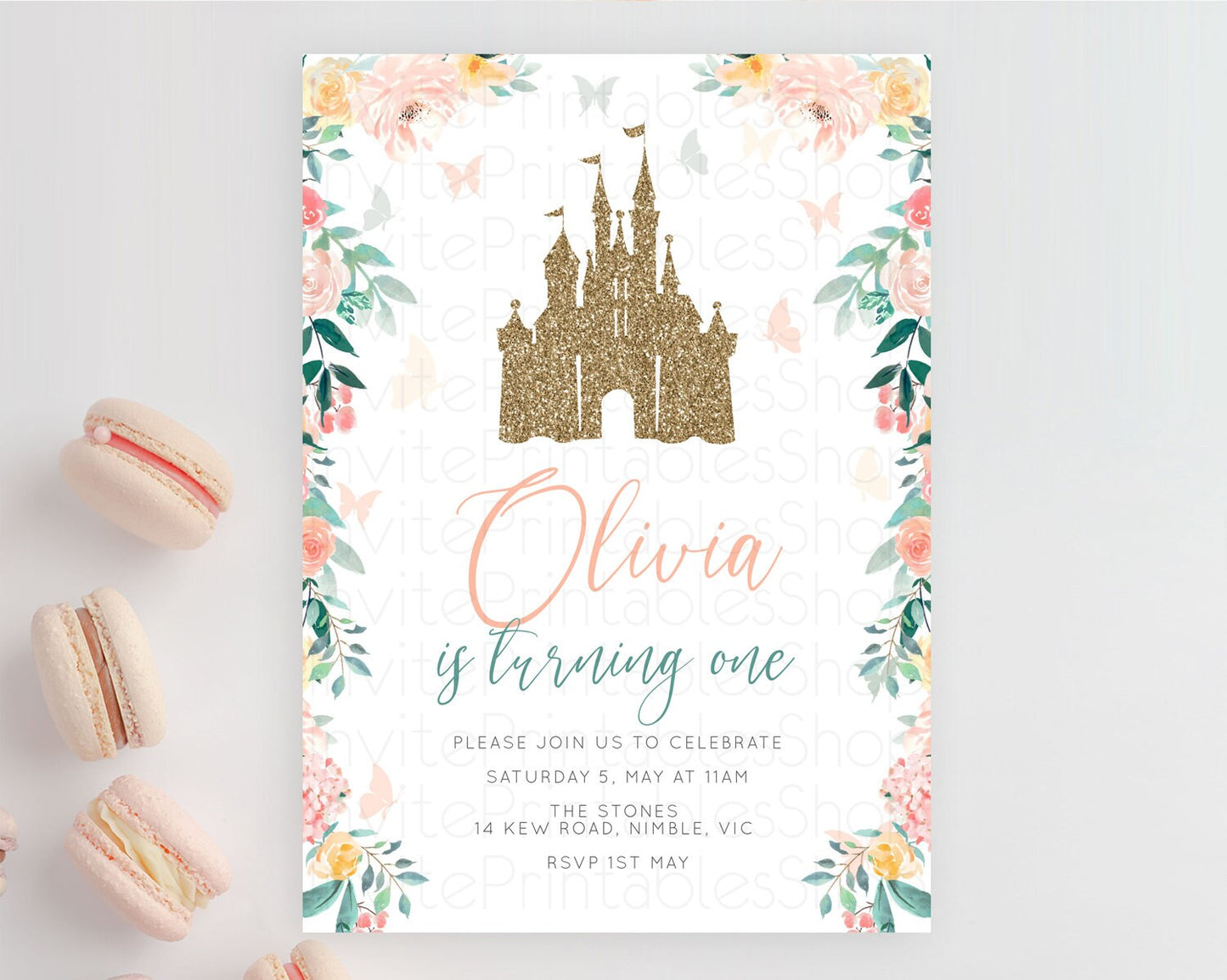 Princess Birthday Invitation Castle Invitation Royal Birthday Fairy Tale Enchanted Castle Pastel Floral Garden 1st First Birthday D10925
